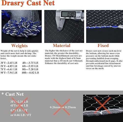Miniatura 4 de Drasry Saltwater Fishing Cast Net for Bait 38 14 or 12 with Heavy Sinkers Fish Trap Throw Net. Size 3ft4ft5ft6ft7ft8ft9ft10ft Radius Freshwater Nets