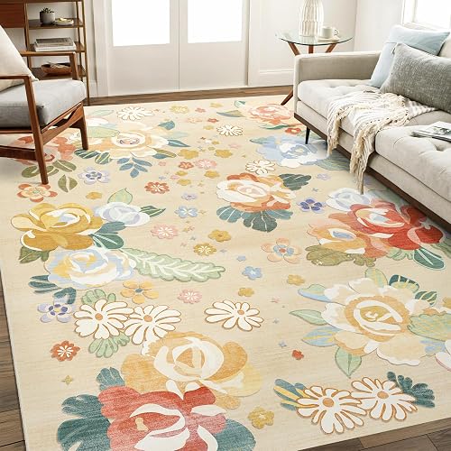 Castage 5x7 Area Rugs Boho Floral Washable Rug for Living Room Bedroom Kitchen,L