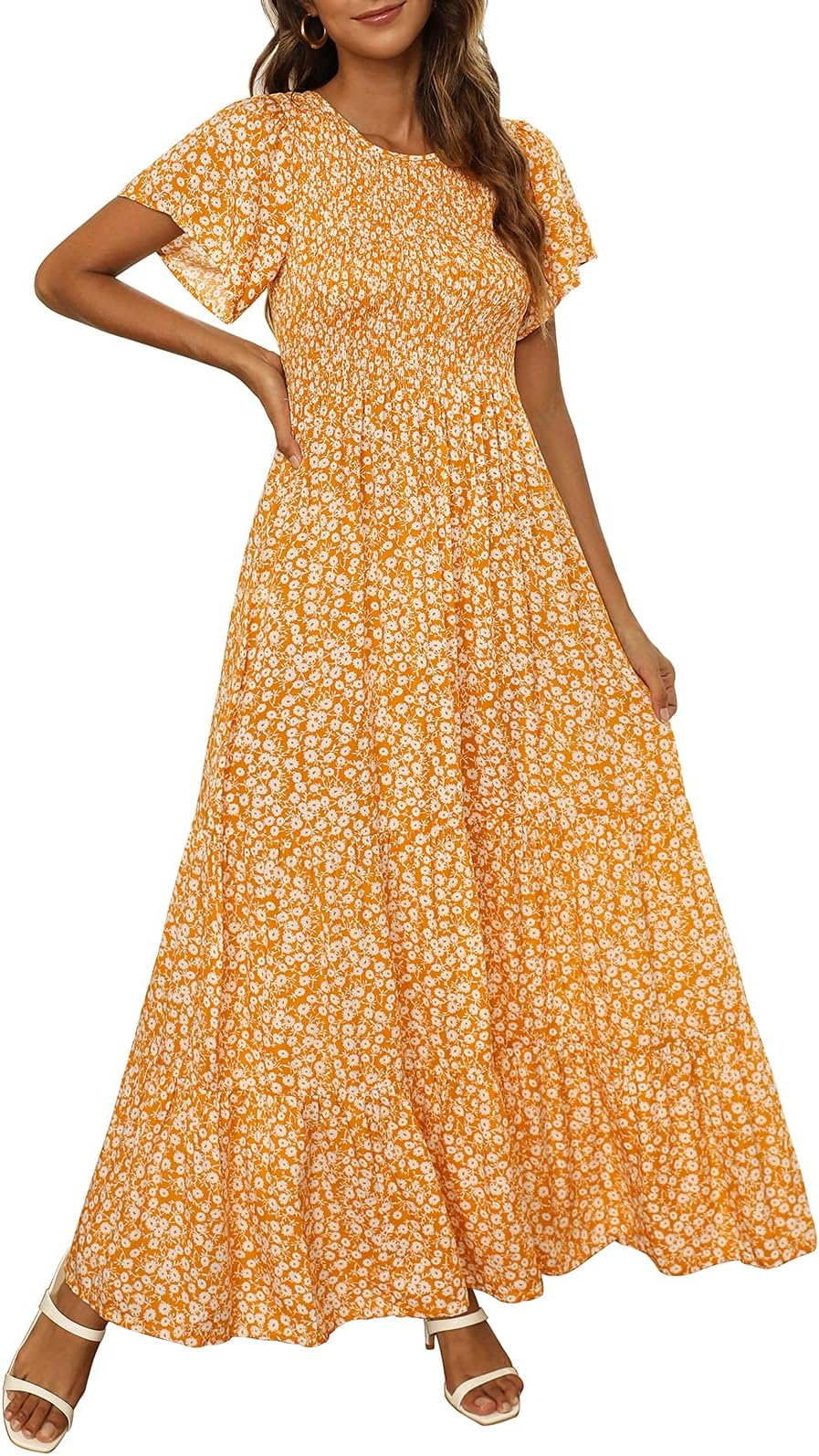KrandaWomen's Summer Short Flutter Sleeve Round Neck Smocked Floral Maxi Dress Yellow M