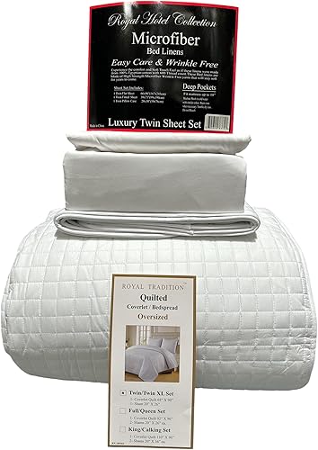 Miniatura 2 de Juego de colcha de 5 piezas, tamaño individual, microfibra acolchada a cuadros blancos sin arrugas, incluye 2 cubrecamas y juego de sábanas de 3