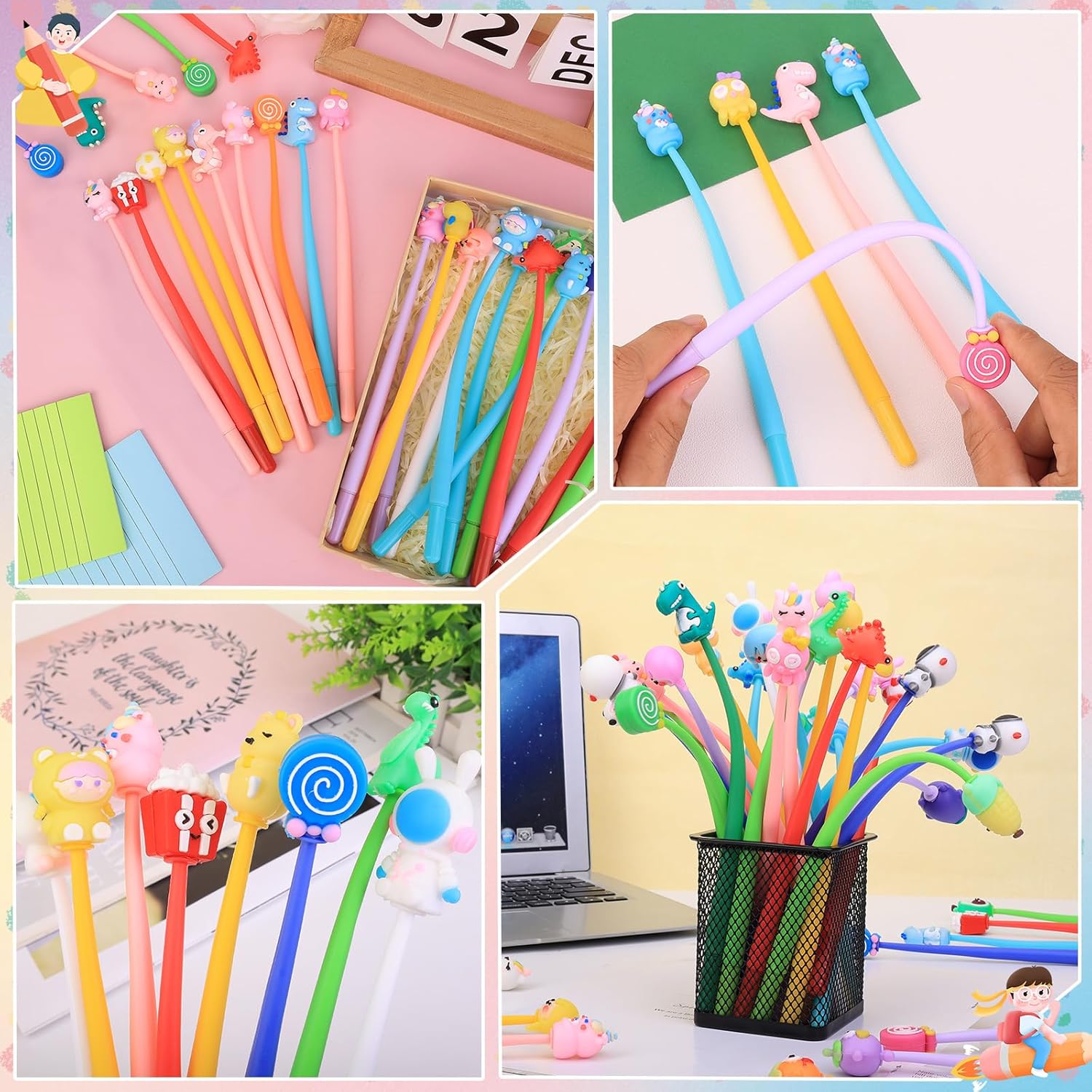 100pcs Squishy Pens, Fun Pens Bulk Cute Stress Relief Bobblehead Pen Novelty Black Ink Kawaii Cartoon Animal Pen for Prizes Party Favors Birthday Gifts Home Office