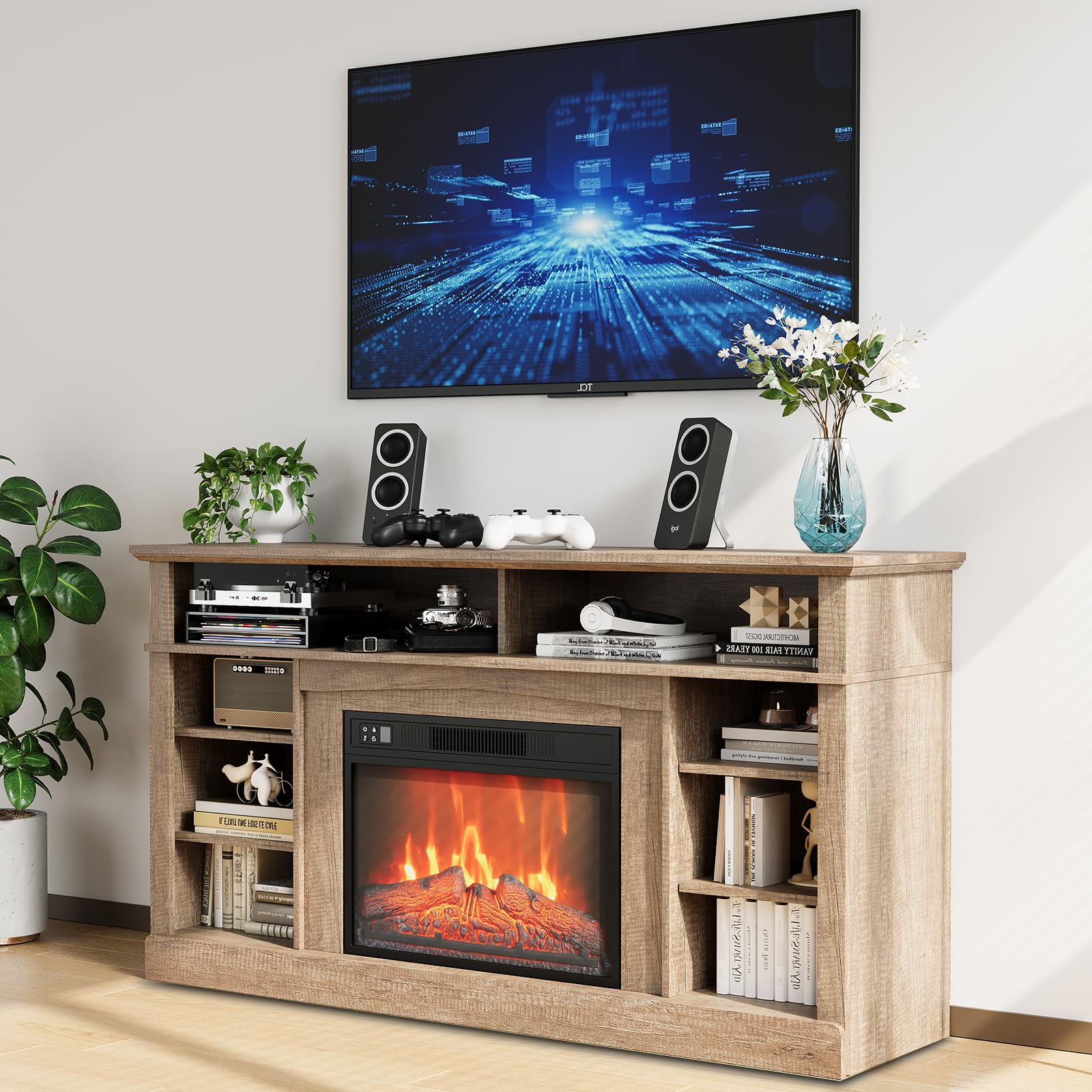 58"Electric Fireplace With Mantel And Cabinets,Stand for TVs up to 65",with 23" Electric Fireplace Remote Control,Fireplace Tv Stand,Entertainment