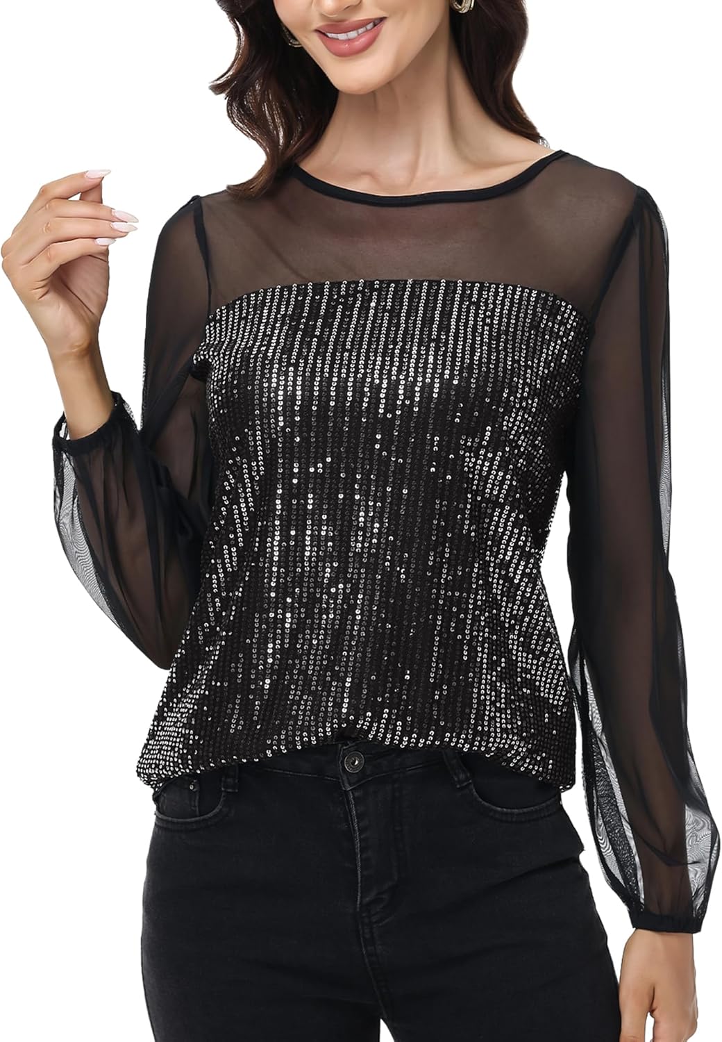 Anna-Kaci Women's Long Sleeve Sequin Blouse Sheer Mesh Top Sparkly Shirt for Holiday Party - Image 2