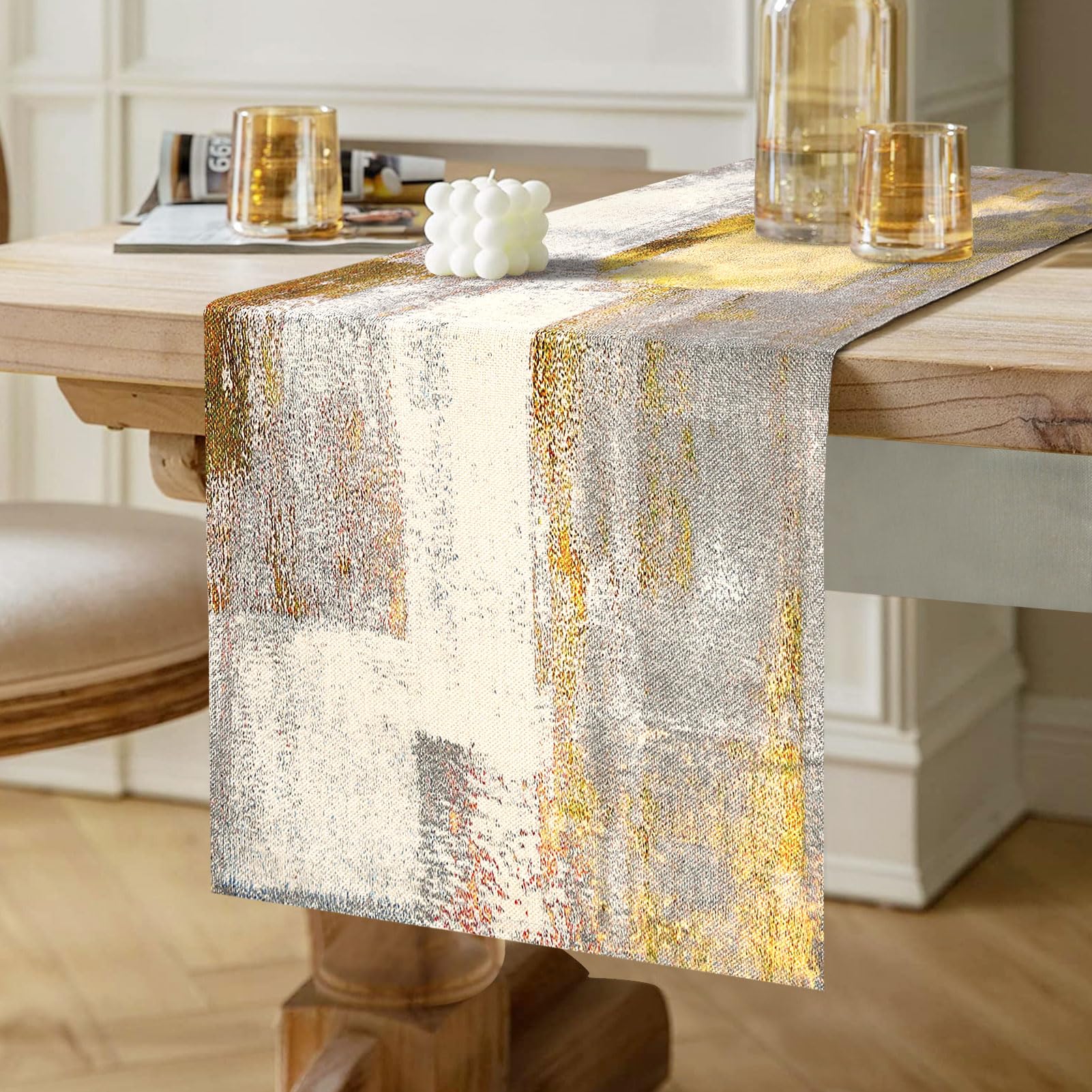 Dining Table Runner Retro Oil Painting Pattern Tablecloth Yellow and Grey Linen Table Decorative Cloth for Party Wedding Banquet Table Decoration Party Table Runner 40 cm x 140 cm