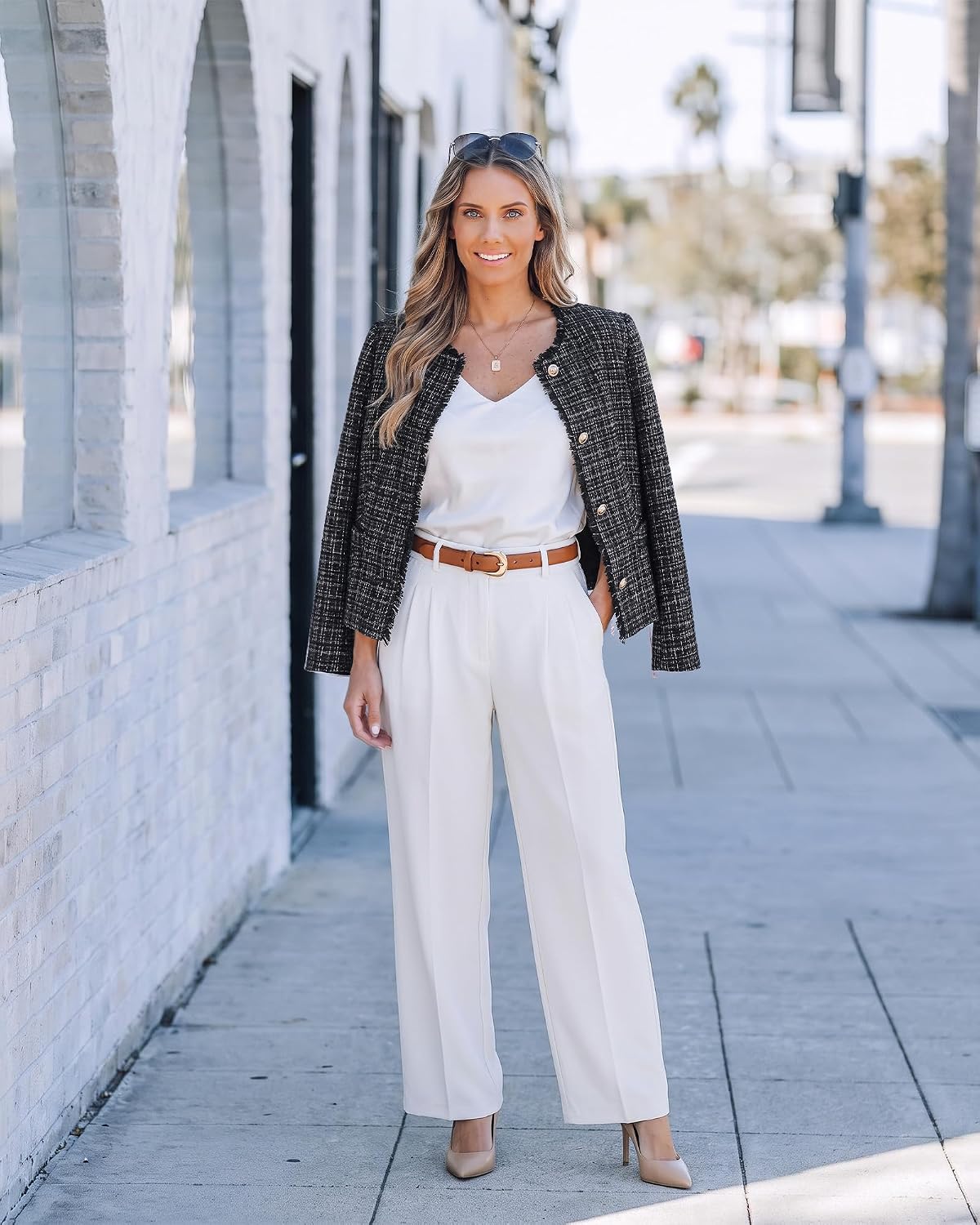 GRAPENT Tweed Blazers for Women Dressy Casual Collarless Work Suit Jackets