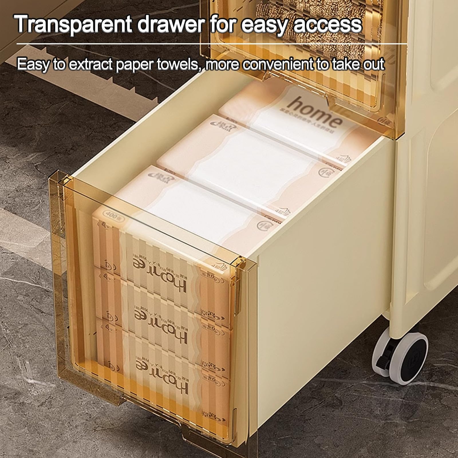 Gabinete de Almacenamiento Estrecho para baño con cajones, Carrito Organizador Impermeable con Ruedas para Espacios pequeños, Cocina y lavandería.