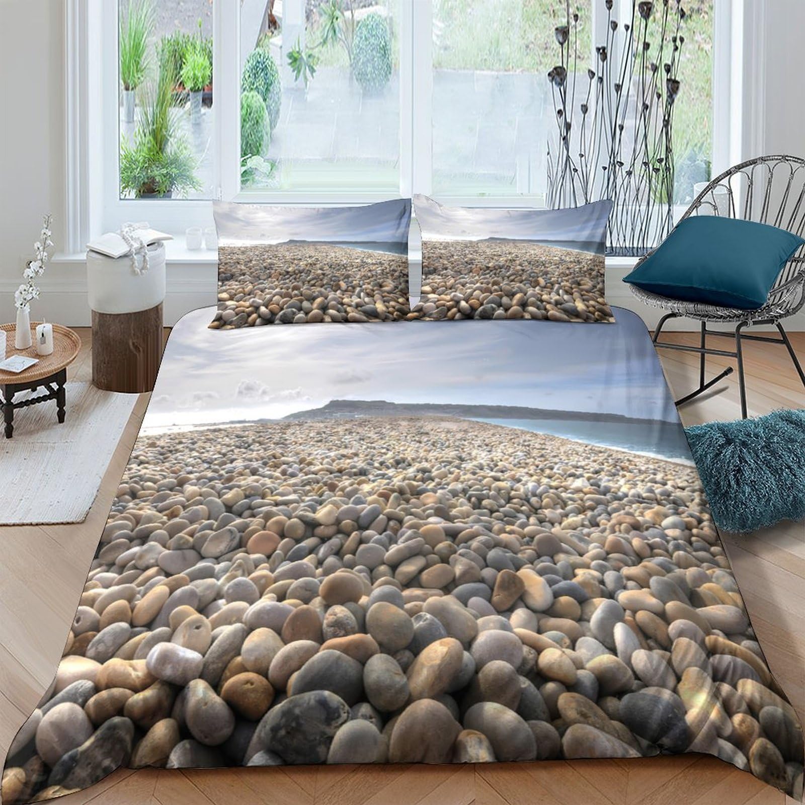 Ctjqhvkz Style-6 3D Printed Pebble Beach Fitted Sheet Microfiber Soft Mattress Cover Coastal Landscape Bedroom Decor Single（135X200cm）
