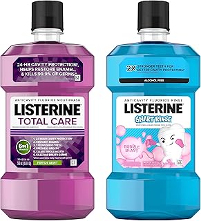 Listerine Total Care Fresh Mint Anticavity Fluoride Mouthwash for Adults and Smart Rinse Alcohol-Free Anticavity Sodium Fluoride Bubble Gum Mouthwash for Kids, Convenience Pack, 2 x 500 mL