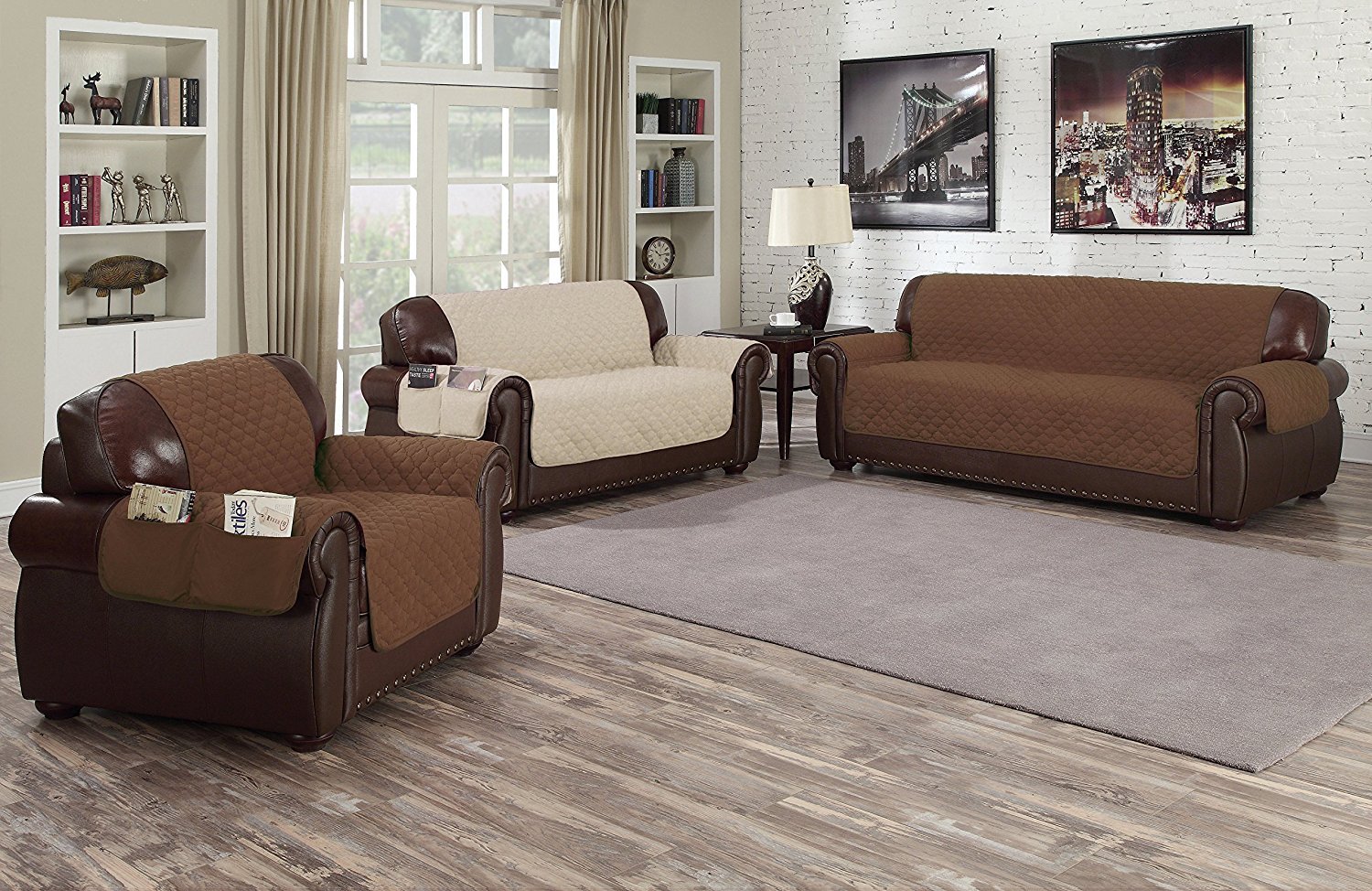 Crystal Trading Furniture Protector Slipcover - Reversible Quilted - Machine Washable - Polyester - Durable Fabric - 2 Pockets for Magazines, Newspapers, Remotes (Chair, Chocolate-Beige)