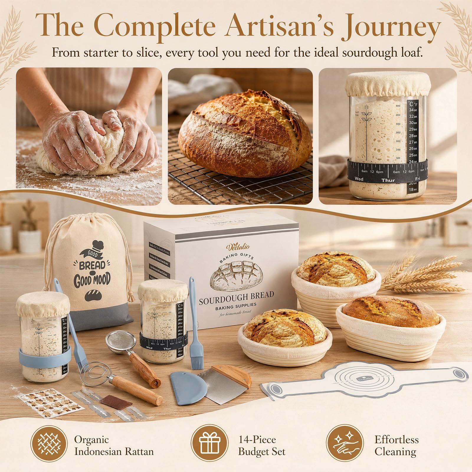 Kit Masa Madre Completo con Cesta de Fermentación Ratán | Jarra de Vidrio, Batidor y Cortador, Accesorios Panadería Artesanal para Principiantes y Regalo, Transpirable