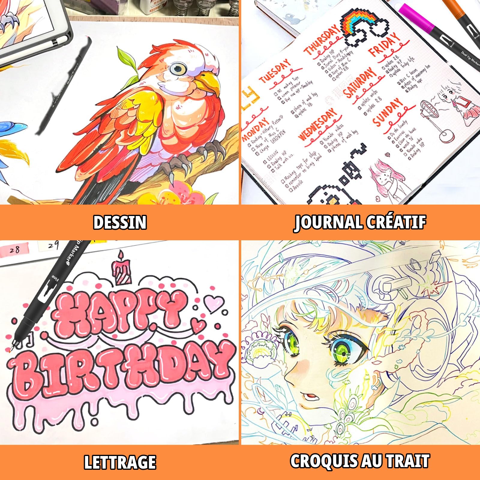 Gunsamg 80 Feutres Coloriage Adulte pour Dessiner, Manga, Doodling, Scrapbooking, Aquarelle Stylos Feutre Coloriage Enfants, Double Pointe Fine avec Livre de Coloriage et Cartes de Vœux