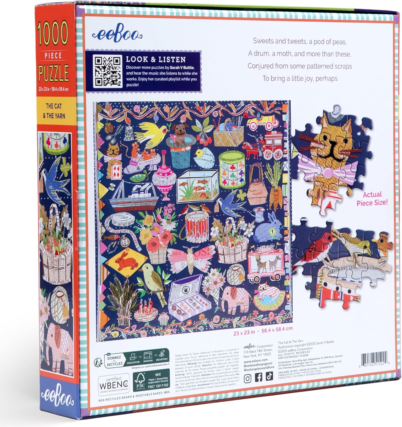 eeBoo Piece & Love: The Cat & The Yarn - 1000 Piece Puzzle - Adult Square Jigsaw, 23"x 23", Includes Image Reference Insert, Glossy Piece