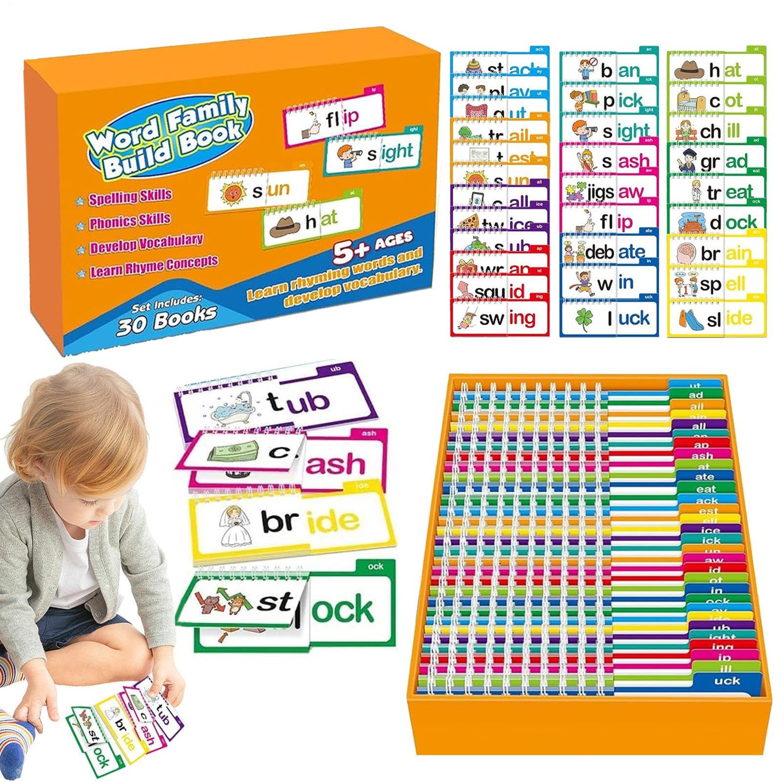 Cartes Flash De Vocabulaire - Word Family Build Book | 30 Lire ET Rhyme Books | Word Family Flash Cards | Livre De Construction De Familles De Mots | Jeux De Lecture Éducatifs