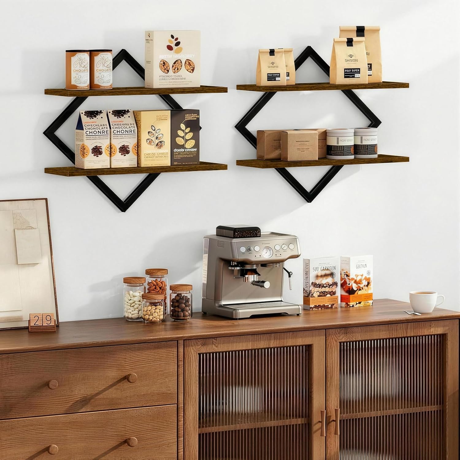 3-Piece Floating Shelves - Unique Geometric Wall Mounted Storage Set (1 Single & 2 Double Tiers), Sturdy Wood & Metal Display Shelf for Plants, Picture Frames, Living Room & Bathroom Decor