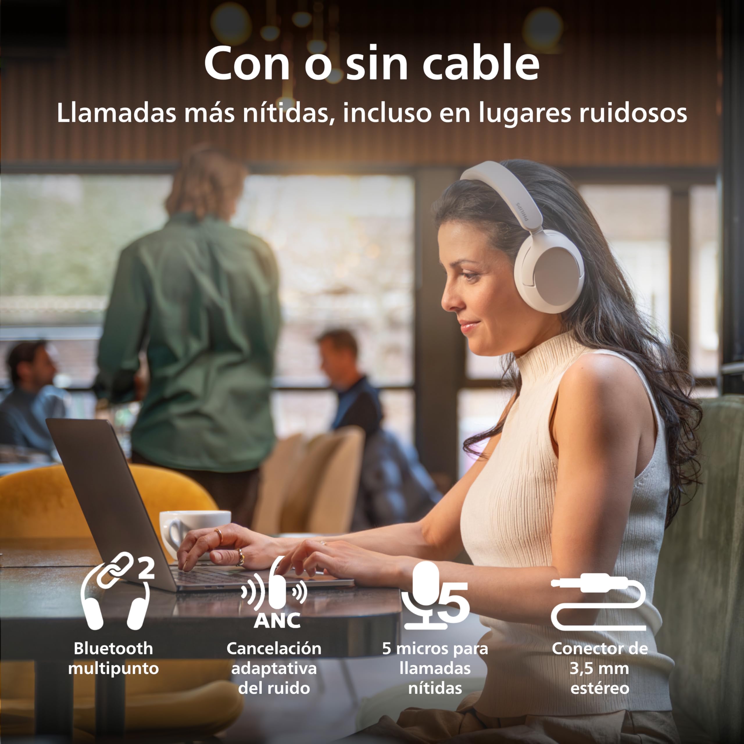 Philips TAH6000WT Auriculares inalámbricos Over-Ear con Cancelación adaptativa del Ruido, 80h reproducción, Graves dinámicos, Drivers 40mm, Bluetooth 6.0, Multipunto, 5 micros para Llamadas, Blanco