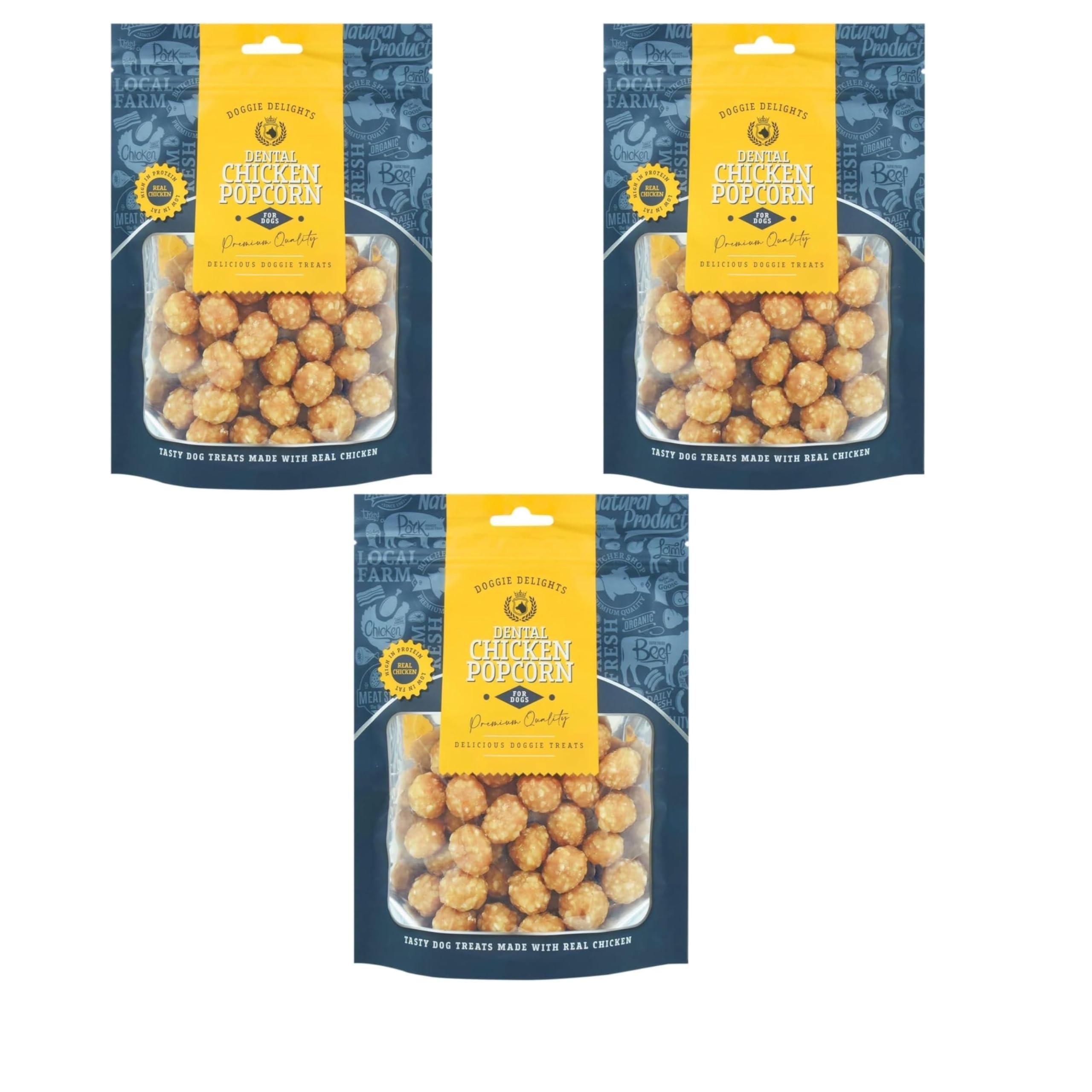 3x Doggie Delights Dog Treats For Dogs Premiam Quality Delicious Doggie Healthy Treats High In Protein Low in Fat Real (3x Chicken Popcorn 175g) — image 1