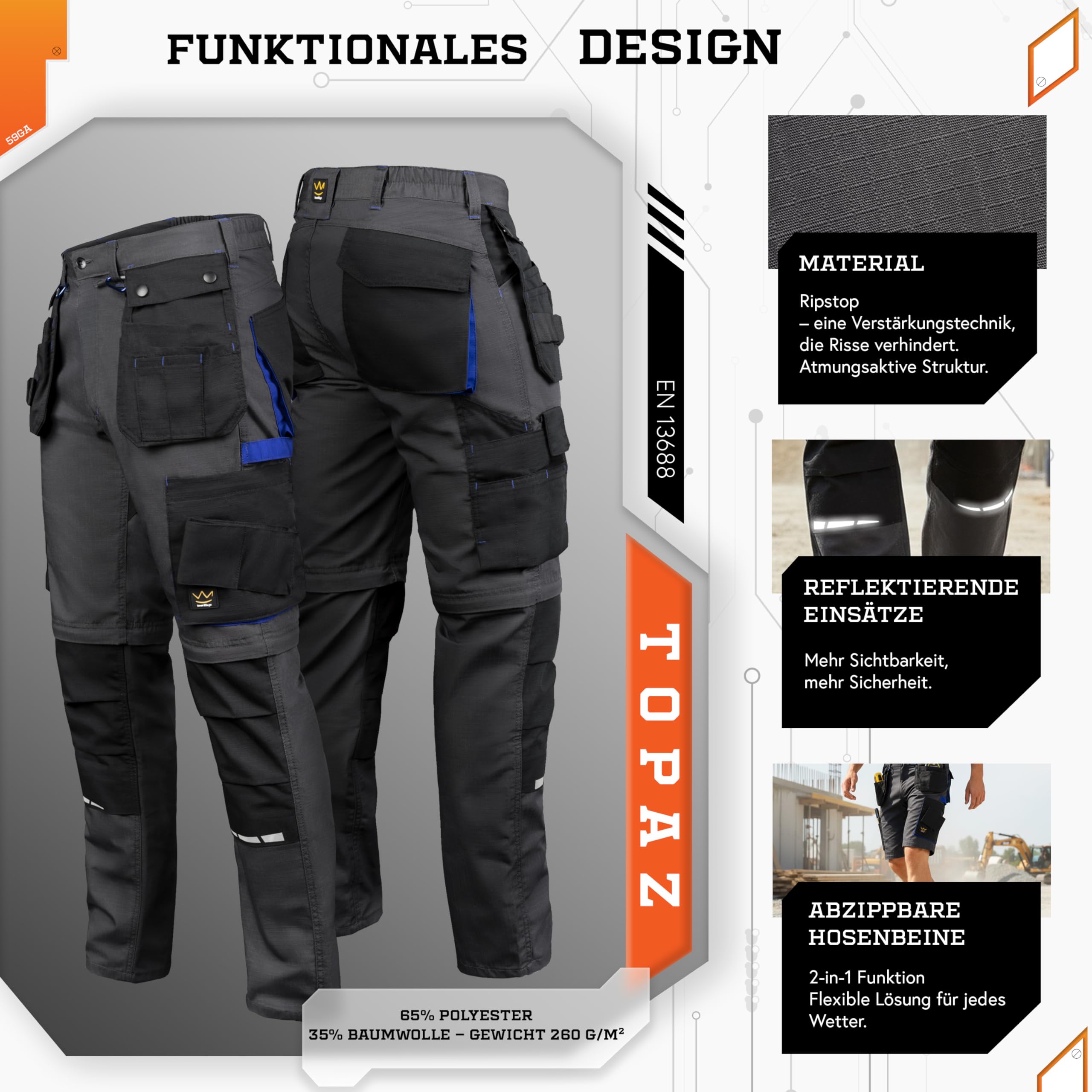 Seven Kings Arbeitshose Herren Ripstop Schwarz – Arbeitshosen Männer Stretch mit abnehmbaren Holstertaschen – mit abnehmbares Beinteil für heiße Tage – Gummizug im Bund – viele Taschen