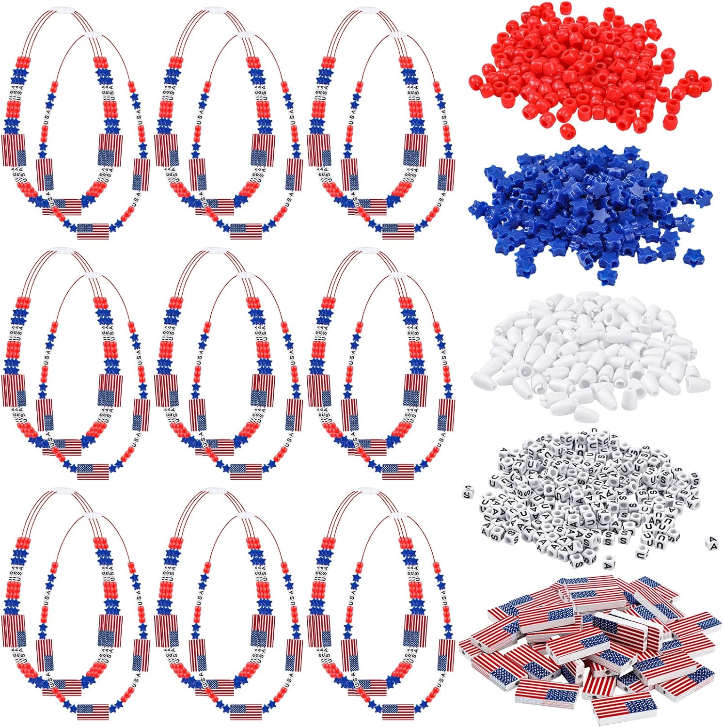Lyrow 48 Pack 4th of July Patriotic Jewelry Craft Kits 250th Independence Memorial Day DIY Necklace Craft Kits for Kids Fun Red White and Blue USA Jewelry Making Decoration Gift Kids' Home Activities