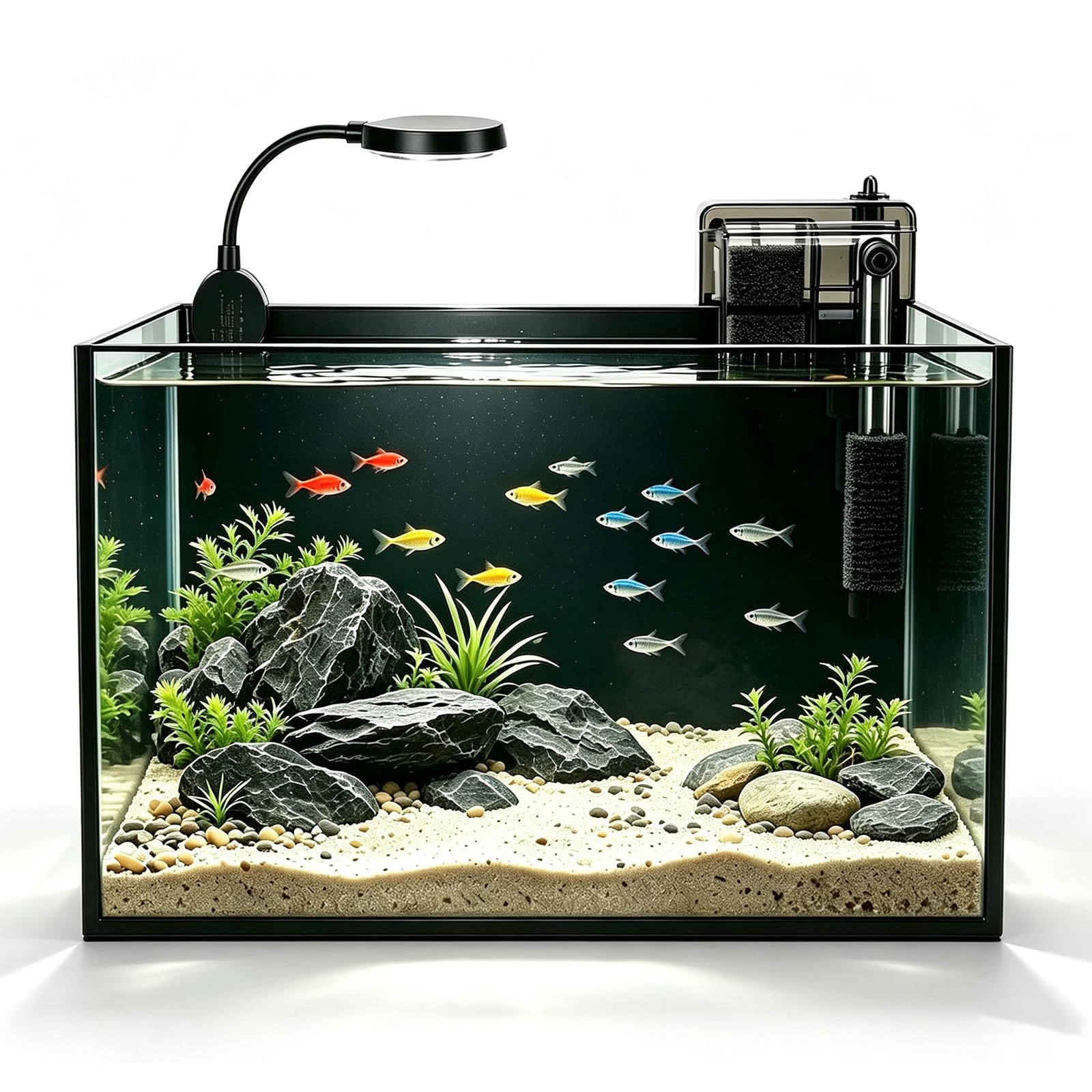 Kit acquario nano naturale da 2,8 galloni, piccolo acquario in vetro trasparente con luce e filtro, adatto per piccoli pesci, gamberetti o pesci Betta, nero.