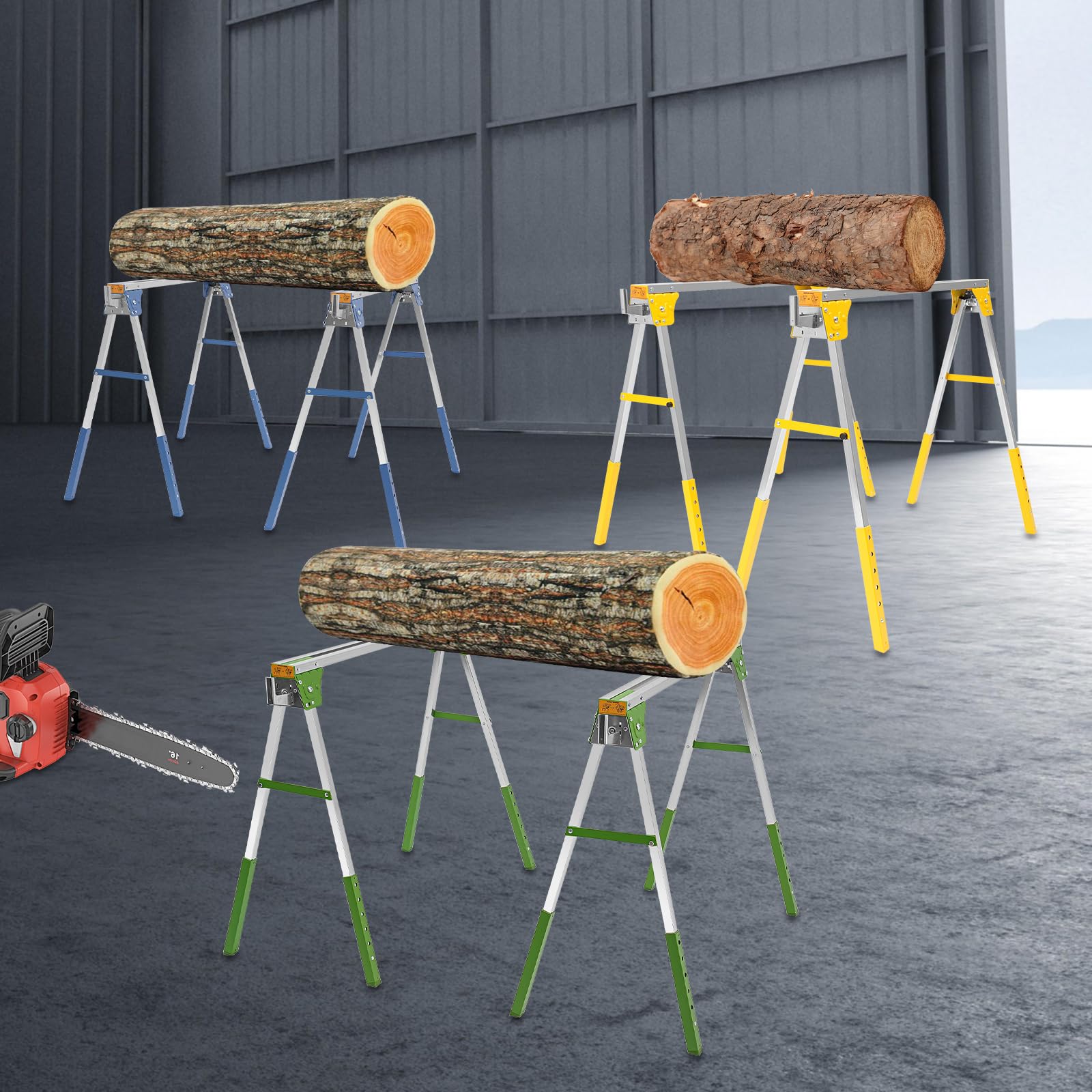 Juego de 2 caballetes de trabajo plegables, altura regulable hasta 1200 kg | Caballete plegable con 6 alturas y 4 ganchos para taller, garaje, construcción y jardín