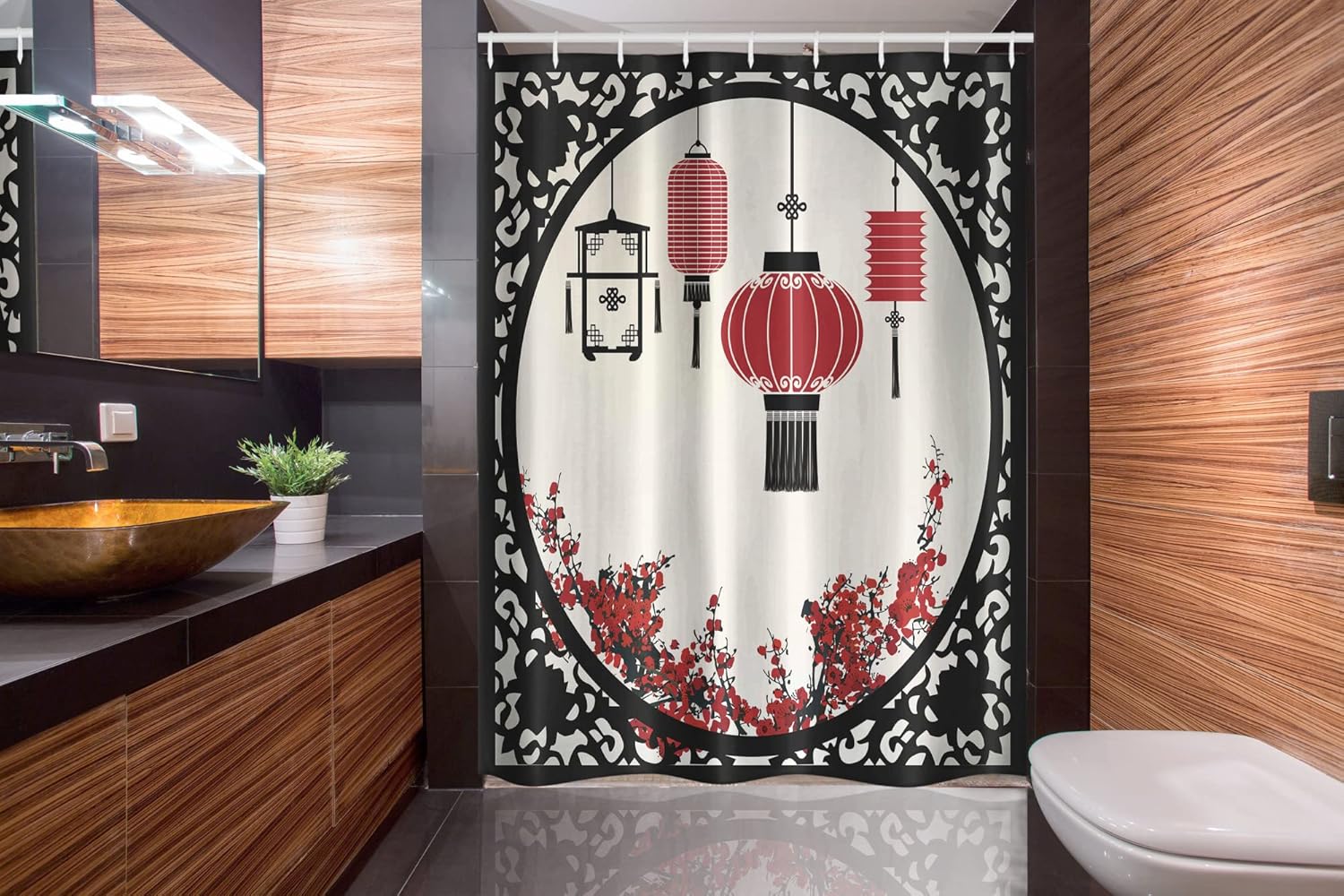 Ambesonne Ethnic Stall Shower Curtain, East Folk Art with Japanese Sakura Cherry Blossom Trees Round Ornate Graphic, Fabric Bathroom Decor Set with Hooks, 54" W x 78" L, Beige Black Red