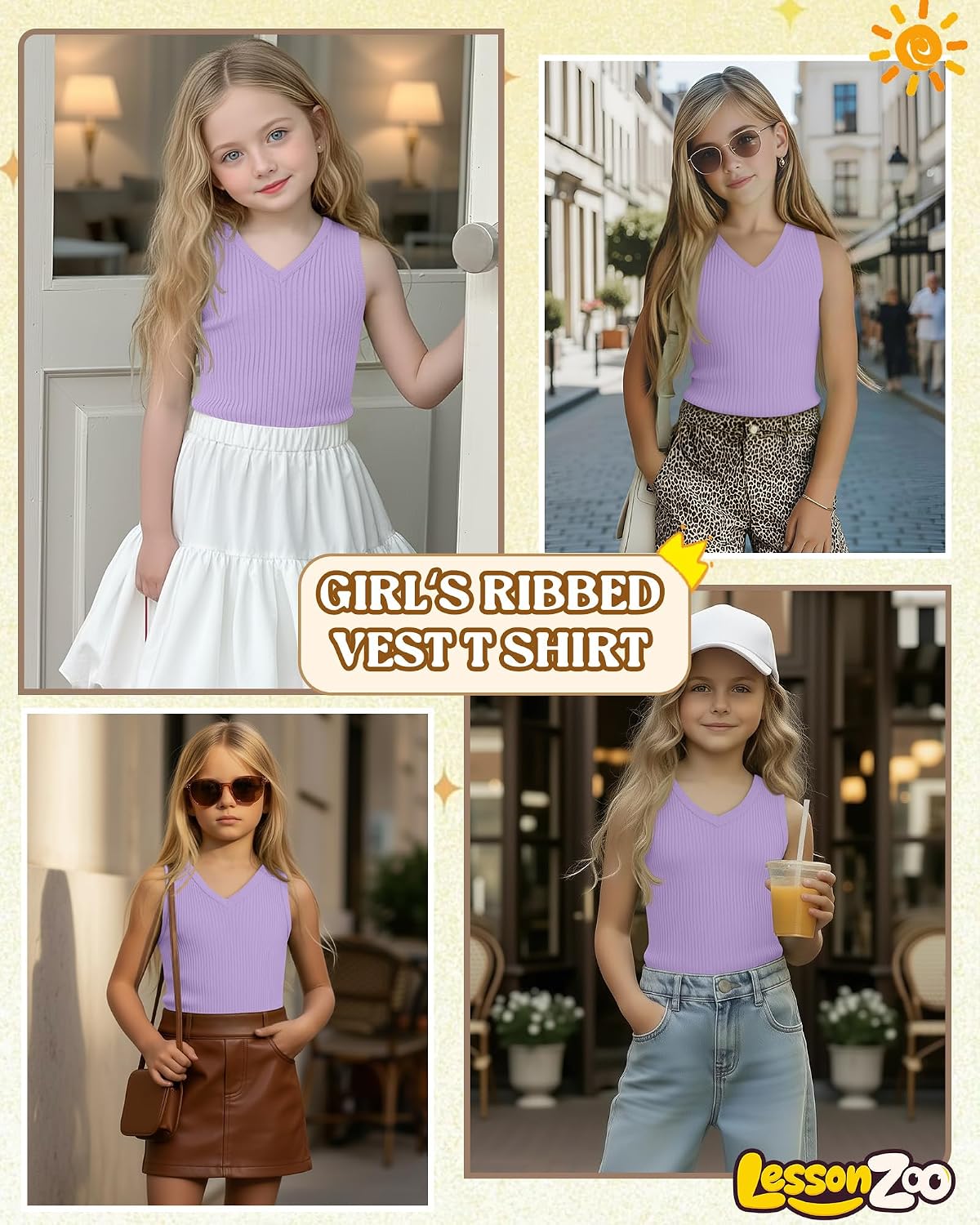 Girls Tank Tops Ribbed V Neck Sleeveless Shirts Slim Fit Summer Basic Undershirt for Kids Casual Outfit 5-14 Years
