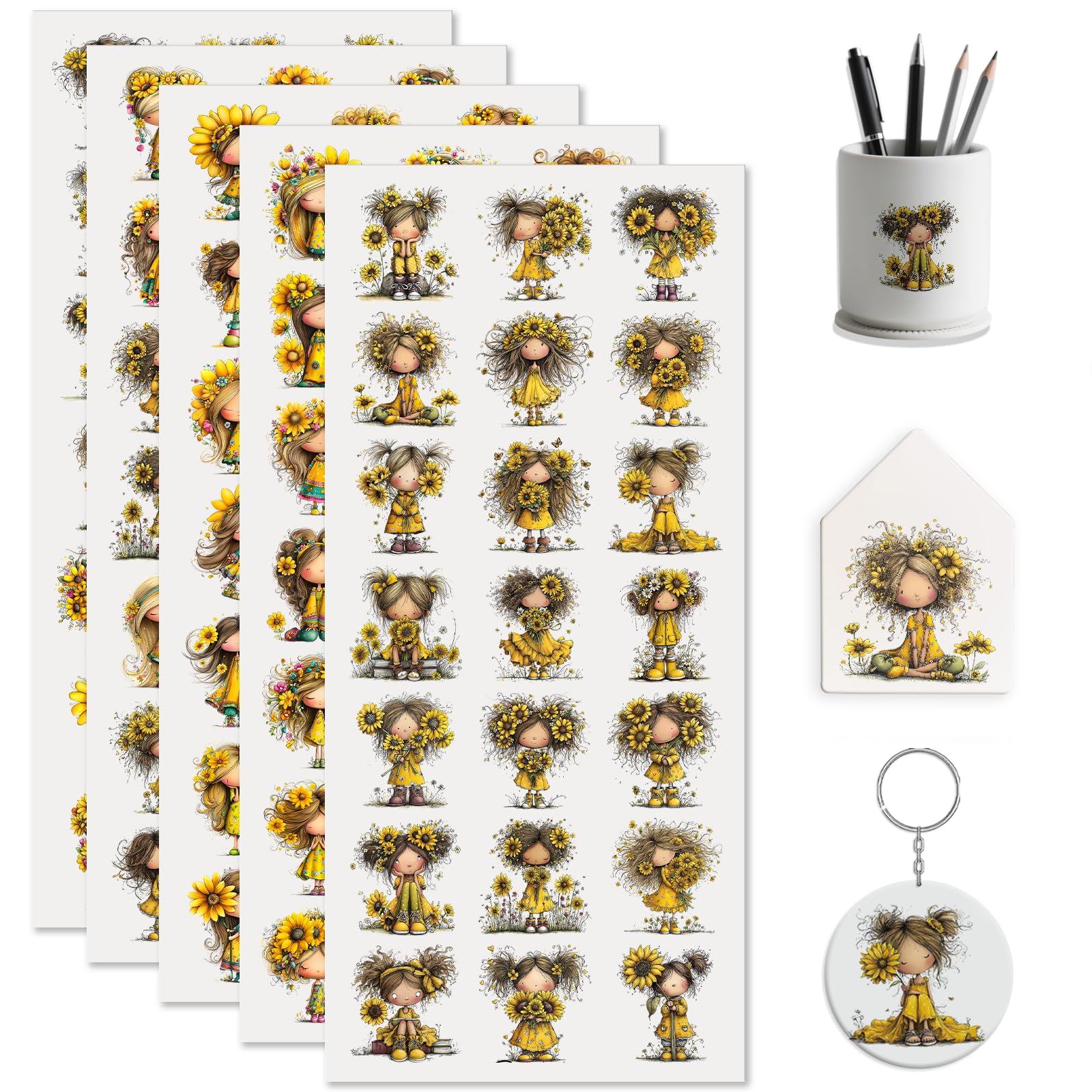 Enveloppes UV DTF Sunflower Girl : protégez et décorez vos écouteurs et téléphones portables