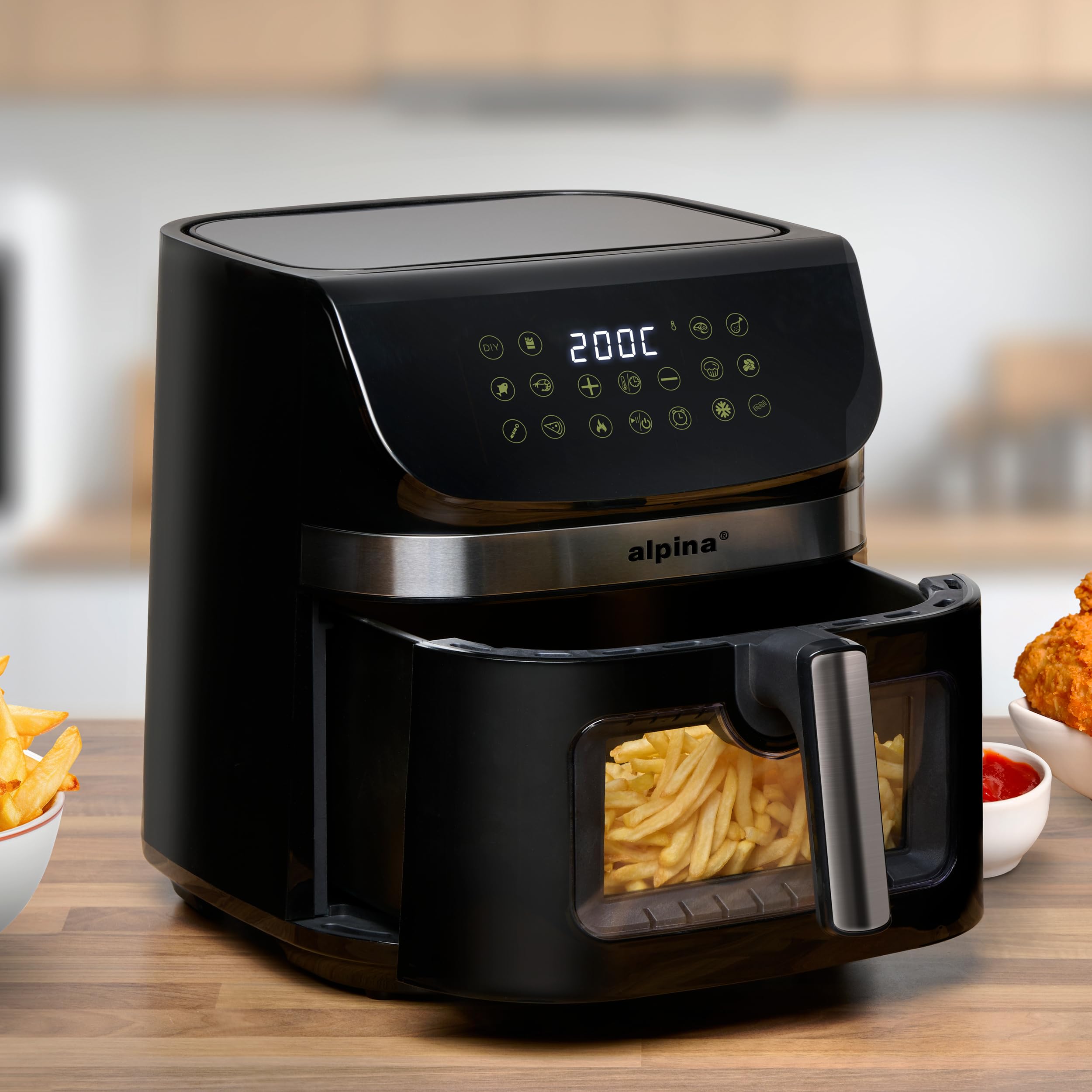 Alpina Airfryer XXL - frytkownica na gorące powietrze 9 l, frytkownica powietrzna z cyfrowym wyświetlaczem, frytkownica na gorące powietrze z timerem i temperaturą od 60 do 200°C, z 8 programami