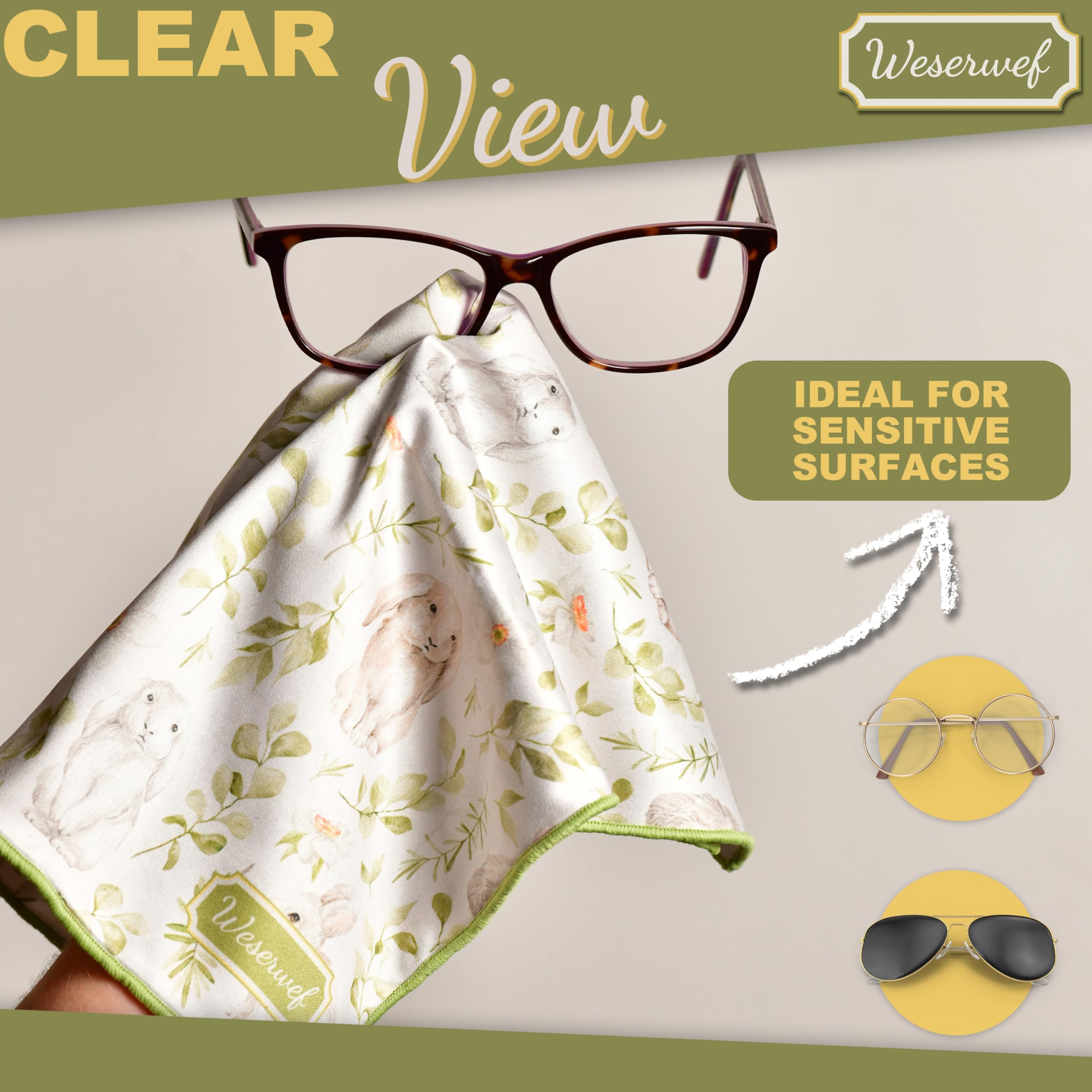 Weserwef® Paño de microfibra XXL de calidad óptica – 30 x 30 cm – para limpiar gafas, smartphone, tableta, cámara. Paño de limpieza de gafas, paño de pantalla (Rabbits)