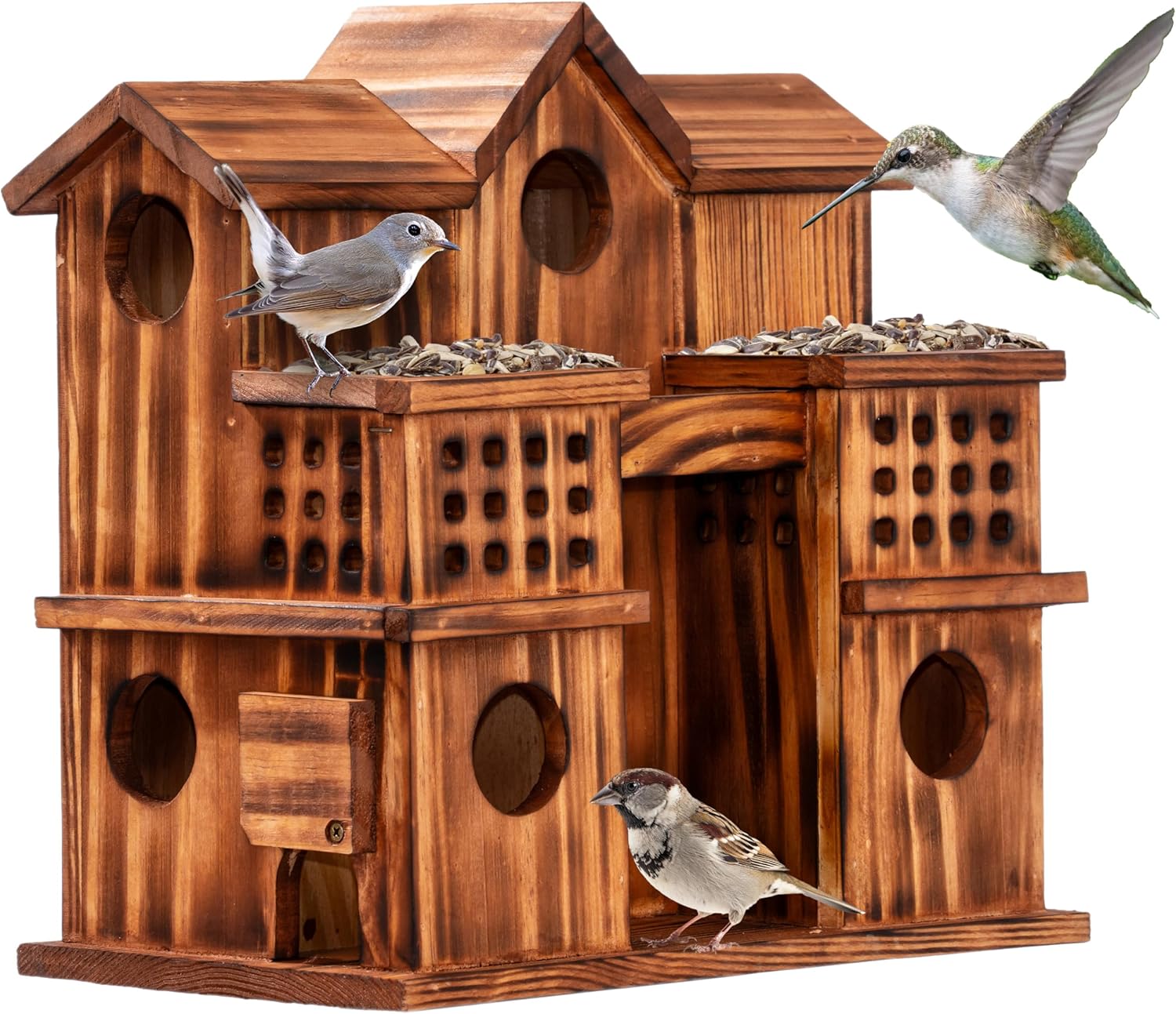 MIXUMON 8-Room Wooden Bird House with 2 Front Feeders – Large Outdoor Birdhouse for Multiple Birds, 1.57” Entrance Holes, Easy Access Cleaning Doors, Rustic Burnt Wood Design for Garden, Yard & Patio