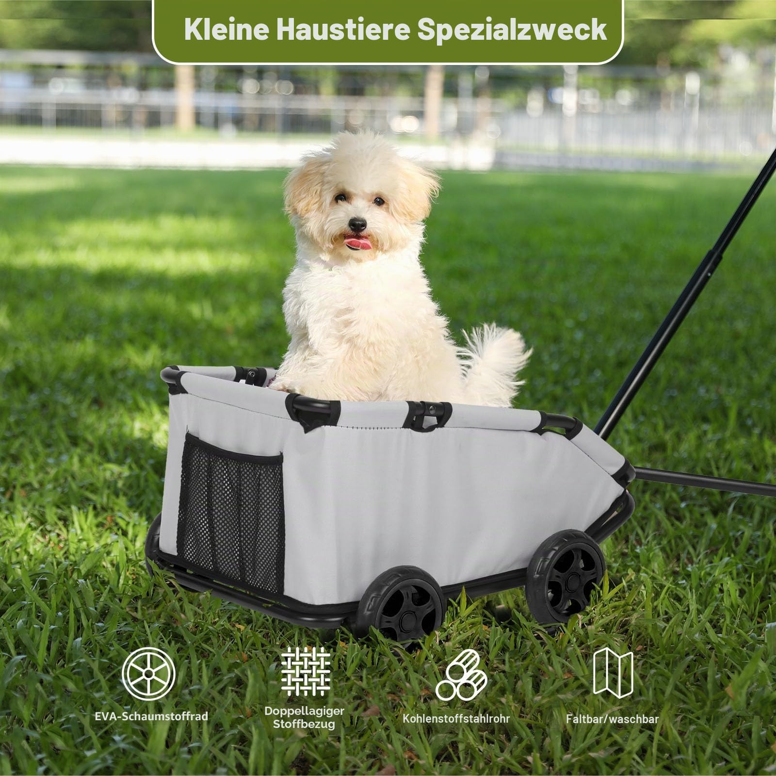 Mini-Hundewagen für Mini-Haustiere, faltbarer multifunktionaler Einkaufswagen mit ausziehbarem Ziehgriff, Doggie Wagon eingebautem Kissen und Sicherheitsseil mit Aufbewahrungstasche (Hellgrau)