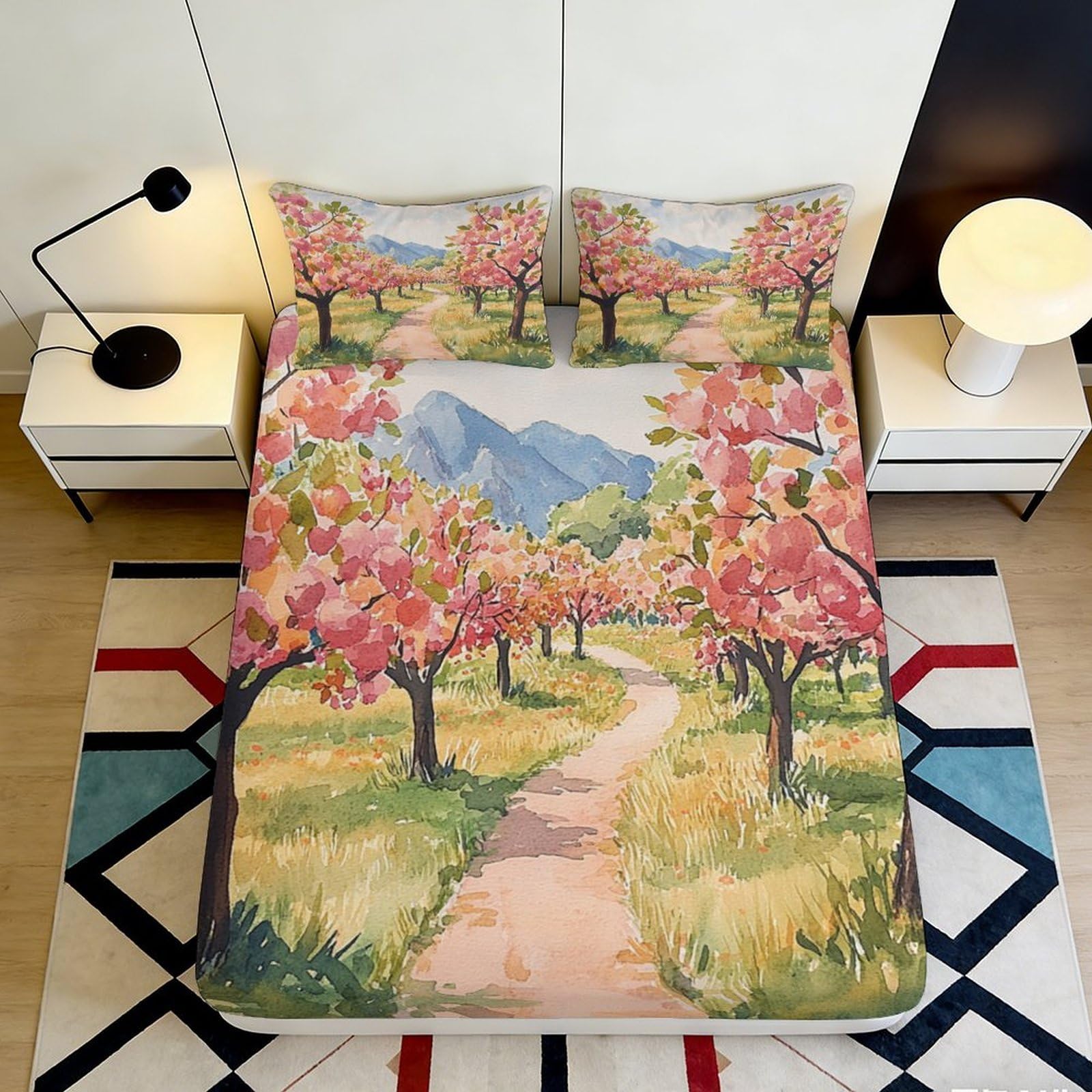 3D Printed Spring Landscape Fitted Sheet Microfiber Deep Pocket Non-Slip Countryside Mattress Fitted Cover Bedroom 200x200x25cm