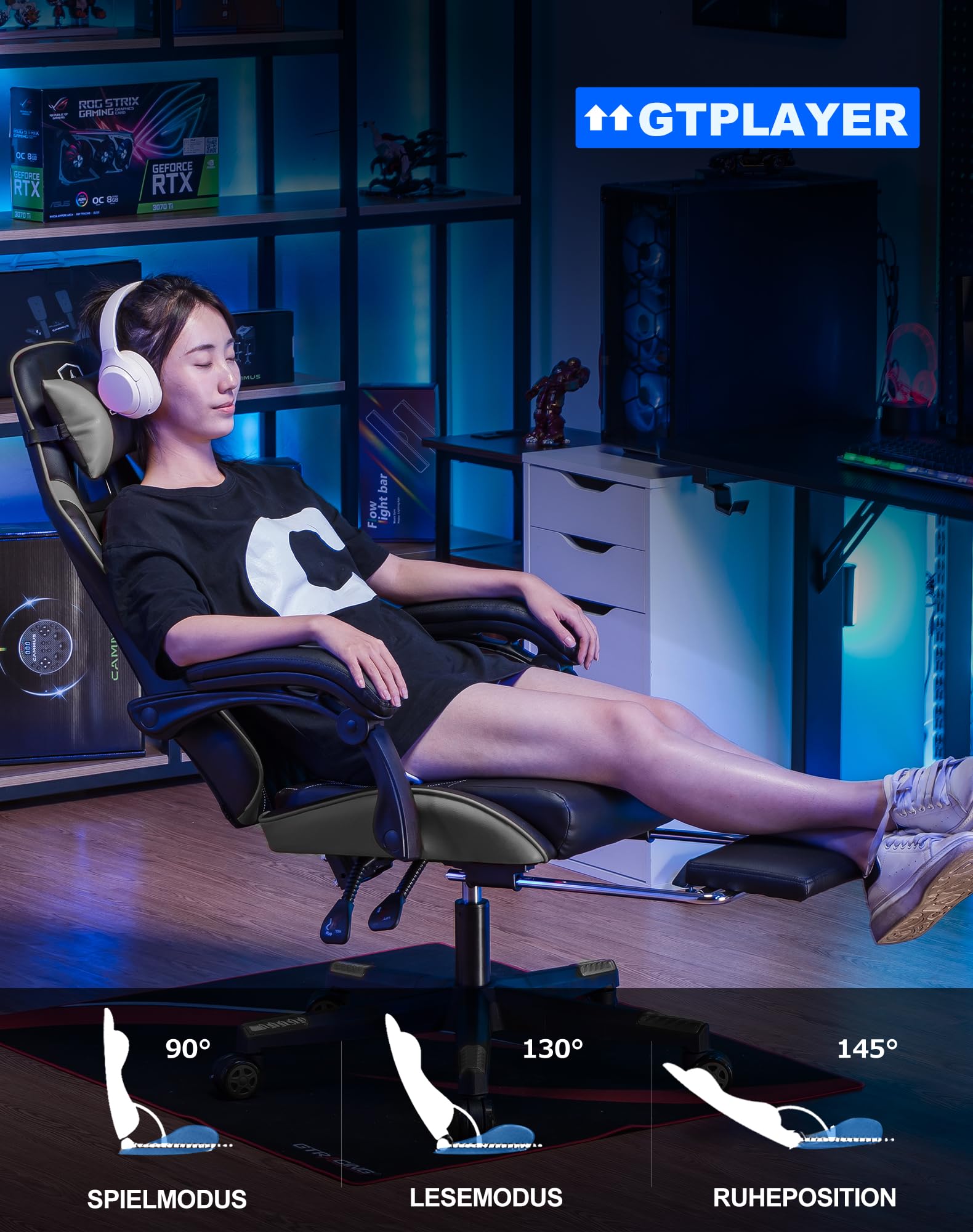 GTPLAYER Gaming Stuhl - Ergonomischer Bürosessel mit Verstellbarer Lordosen-/Kopfstütze & Fußstütze, 150 kg Belastbarkeit, Grau | Gaming Chair, PC Stuhl, Schreibtischstuhl