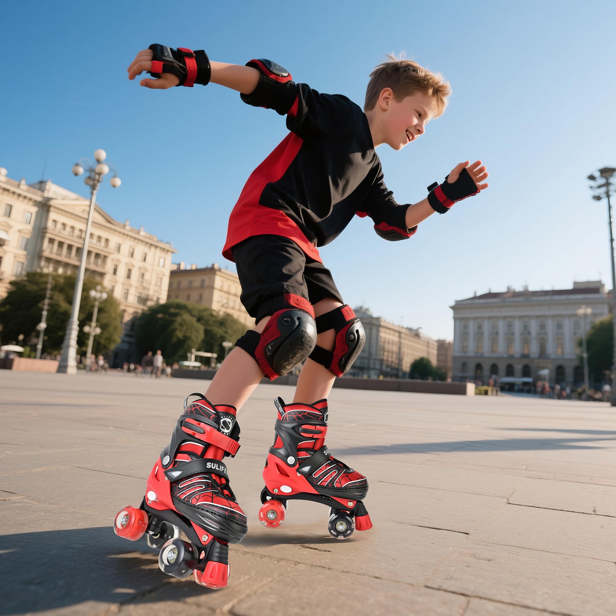 SULIFEEL Adjustable Kids Roller Skates for Boys Ages 3-5 5-8 6-12 with 4 Sizes Adjustable Light up Wheels, Best Children Gift for Beginners Indoor Outdoor Sports