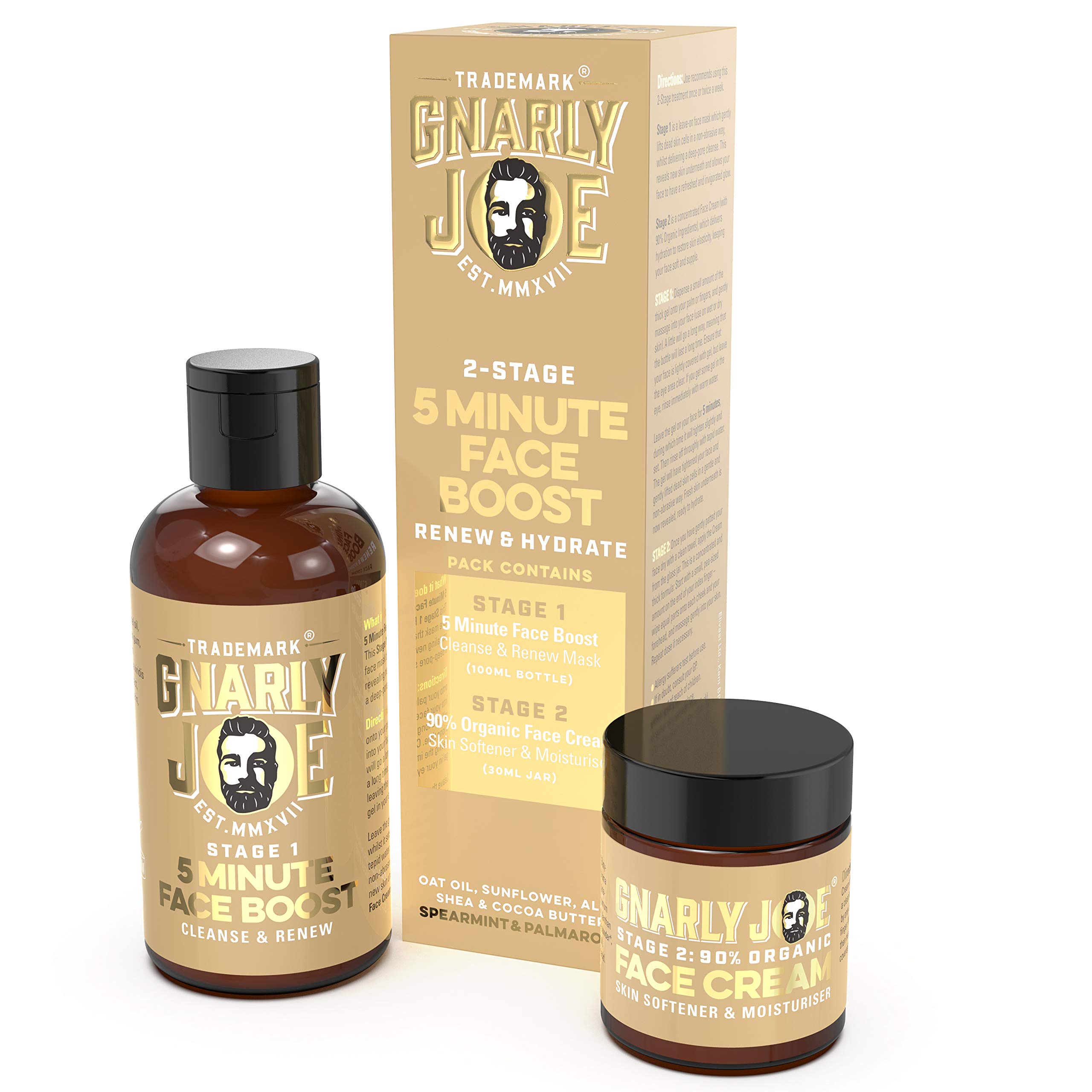Gnarly Joe 5 Minute Face Boost. 2-Stage Ultimate Skin Care Solution for Men: Gentle Exfoliate and Face Clean, plus Face Cream. 100 ml and 30 ml