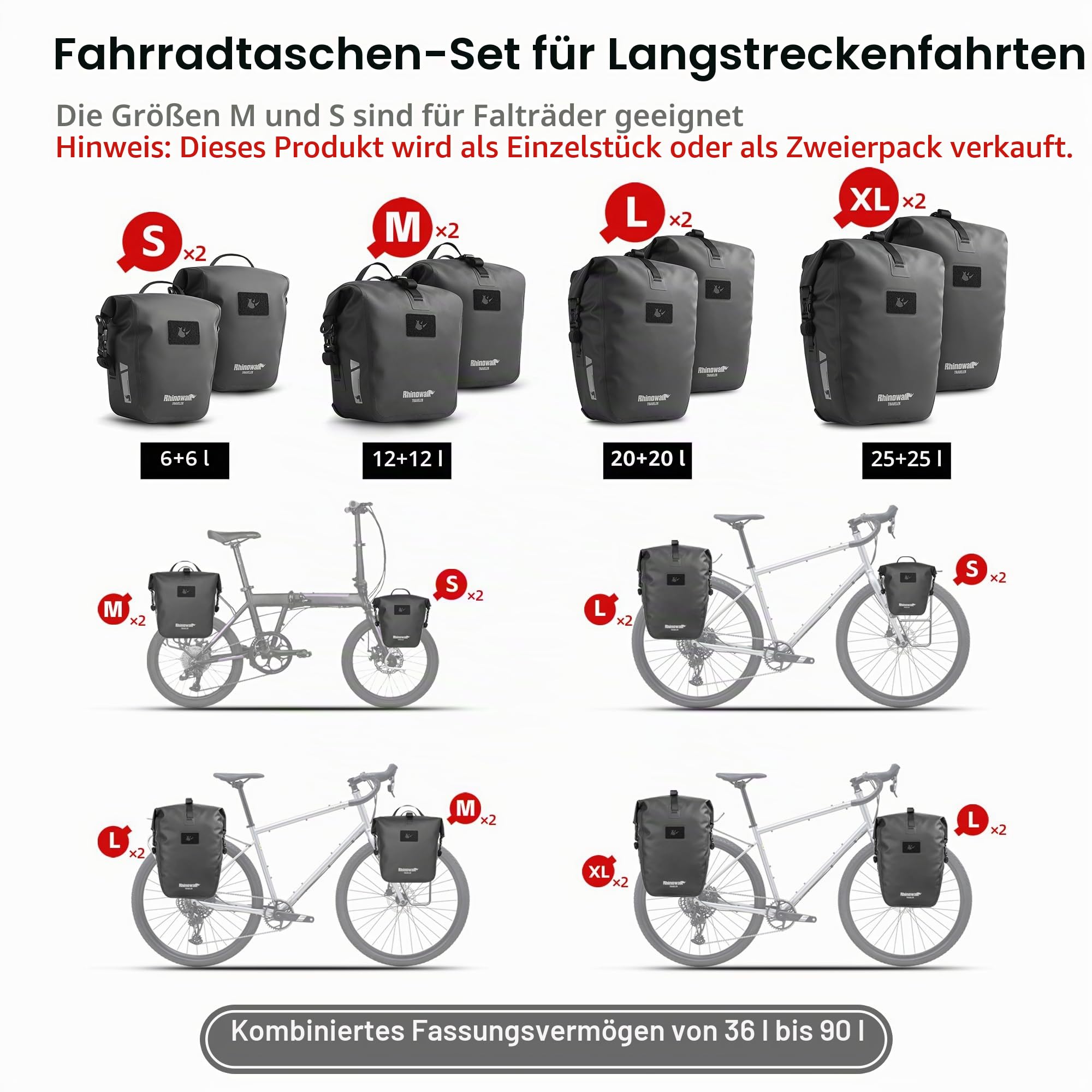 Rhinowalk Fahrrad Gepäckträgertaschen Wasserdicht 6/12/20/25L Fahrradtasche für Gepäckträger Fahrrad Seitentaschen Rolltop Trägertasche Hinterradtasche mit Schultergurt