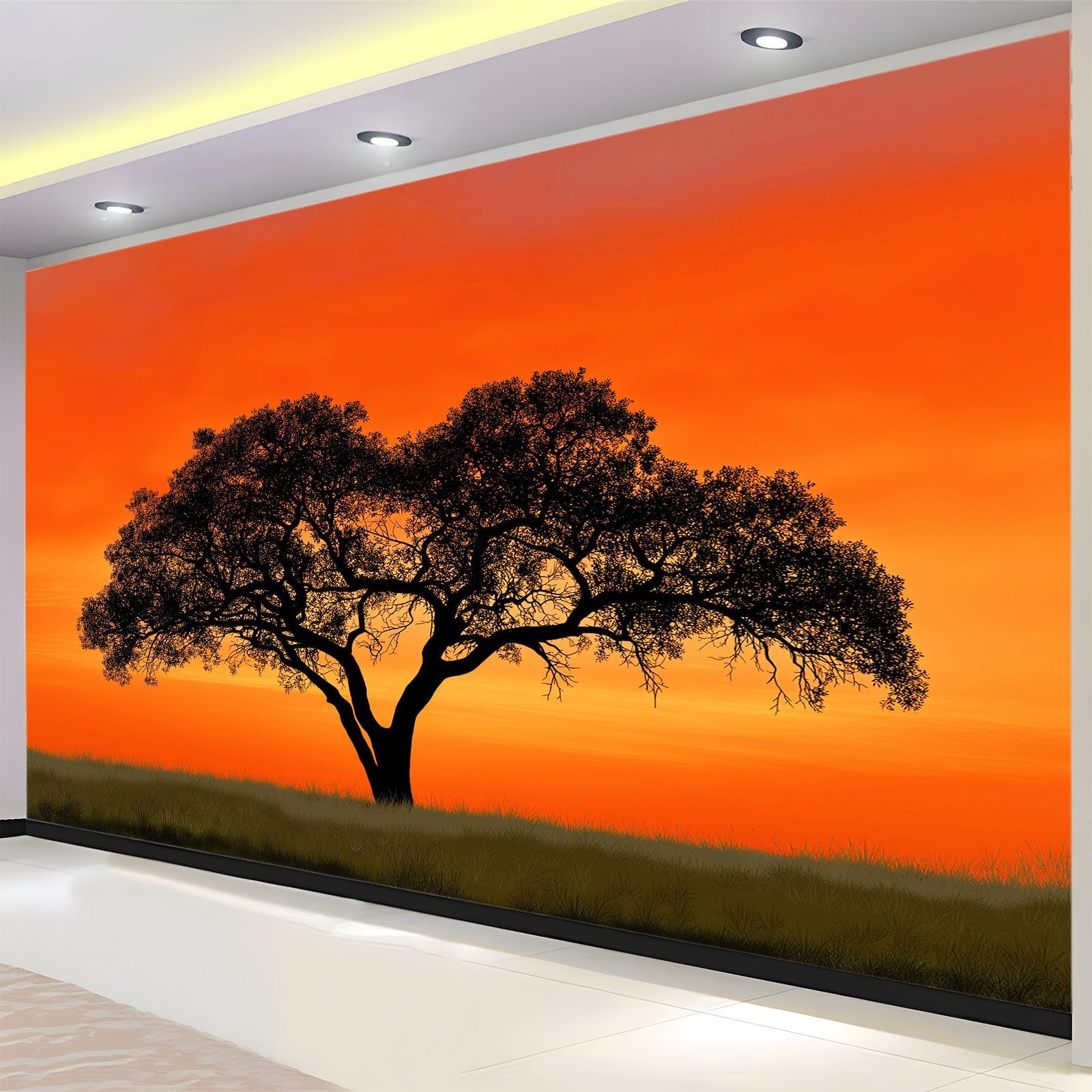 Générique Panoramiczna tapeta Minimalistyczna Krajobraz Drzewa Blask 3D 200 x 140 cm, włóknina XXL Nowoczesna dekoracja ścienna Salon Sypialnia Biuro Pokój dziecięcy, pomarańczowa