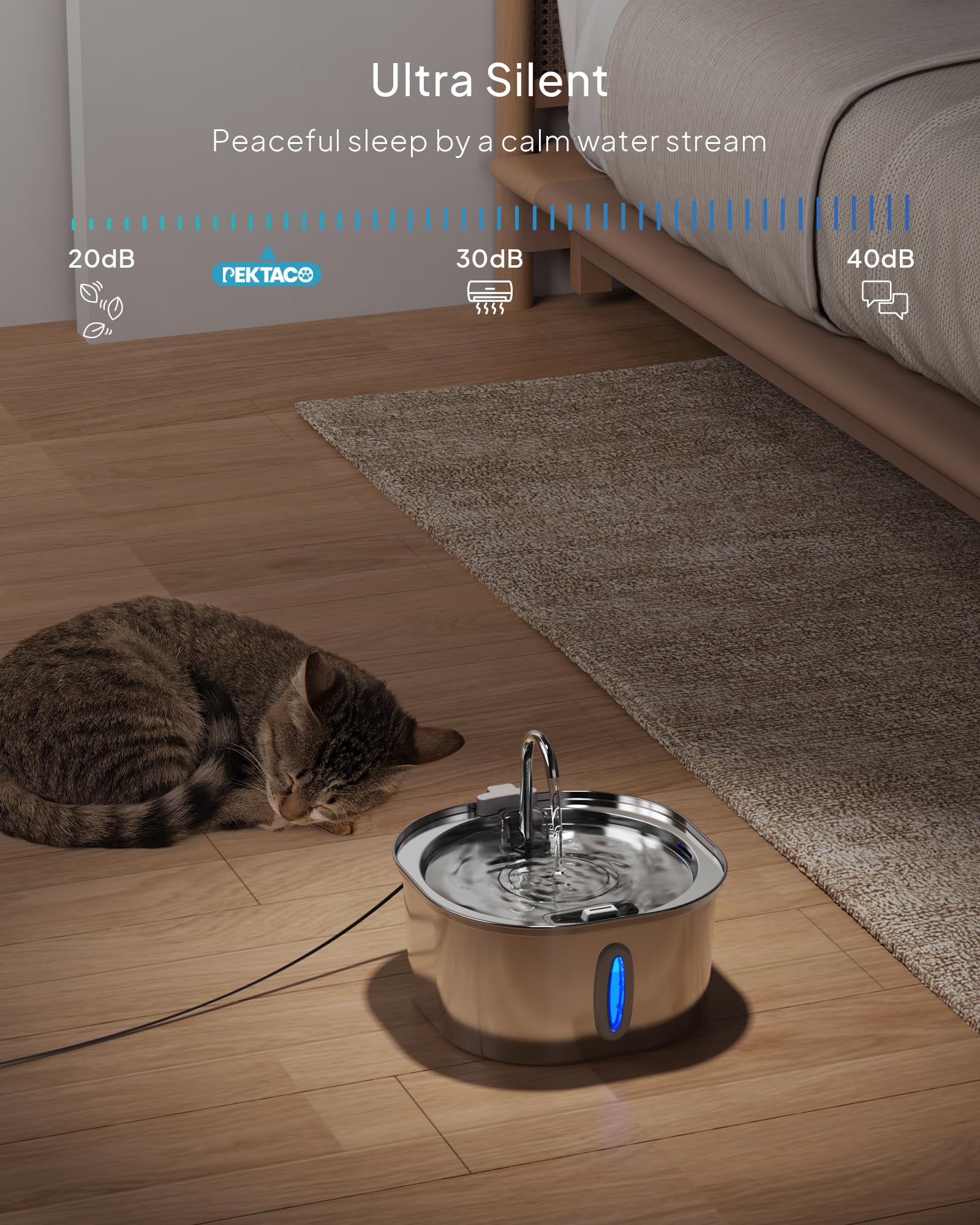 Fuente de agua para gatos PEKTACO de acero inoxidable – Fuente 3,2L para interior con indicador de nivel de agua, fuente para gatos y perros, 6 filtros + 6 esponjas