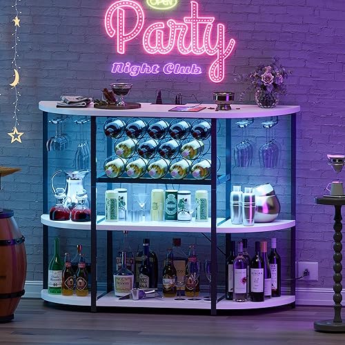 Miniatura 2 de Furmax Armario de bar de vino para barra de licor, armario de mesa con luces y tomacorriente, almacenamiento de 4 niveles, estantes de vino