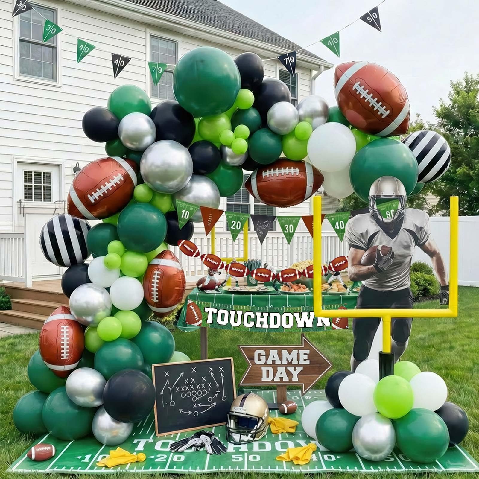 Football Balloon garland arch with Dark Green Black White silver large mylar Football stripe balloons Banner for 2025 sport theme super league touch