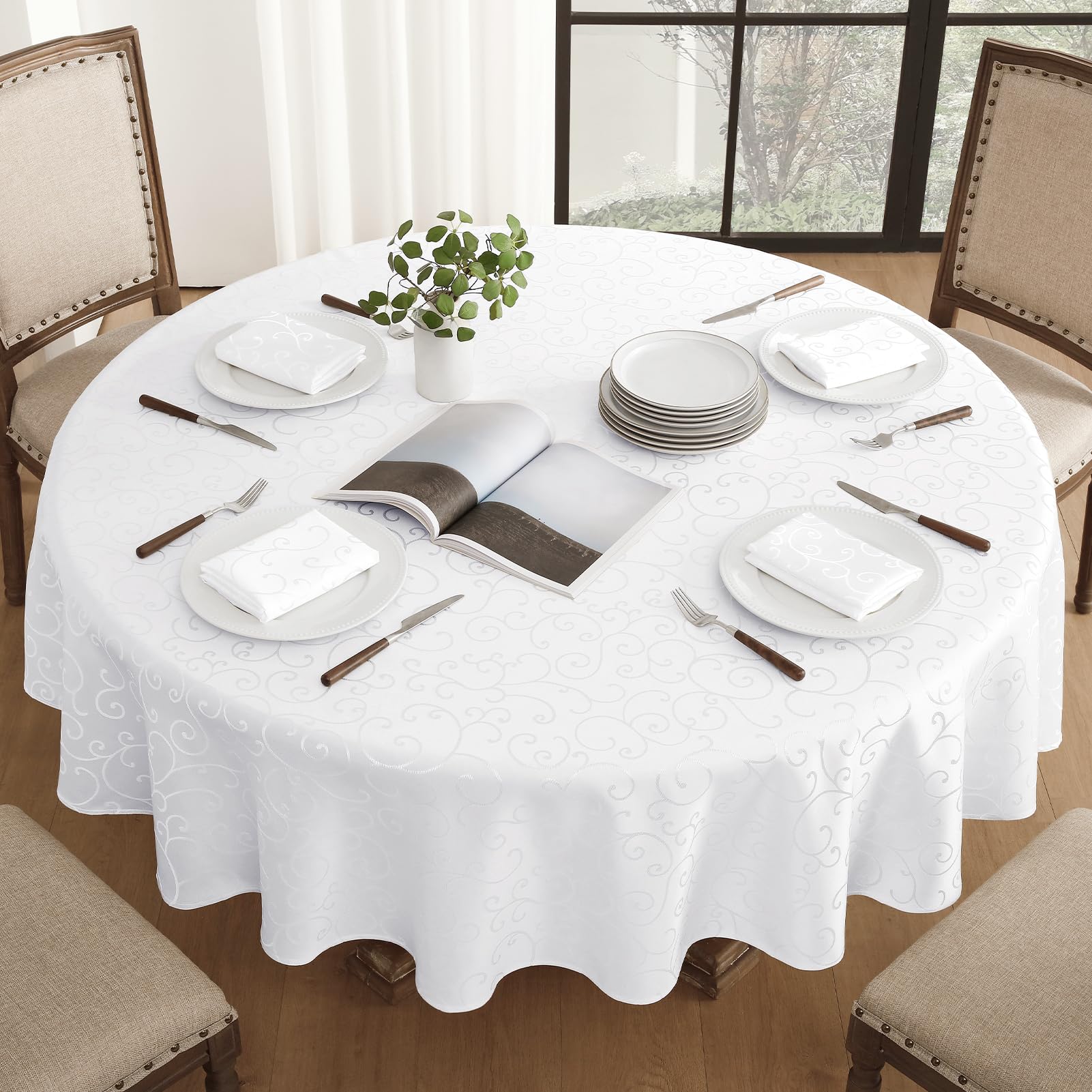 Romanstile Tovaglia bianca natalizia rotonda 160 cm Antimacchia Jacquard idrorepellente Tovaglie elegante per Natale Feste esterno Compleanno Albergo, Ristorante, Bar, Caffè, Birstro,capodanno