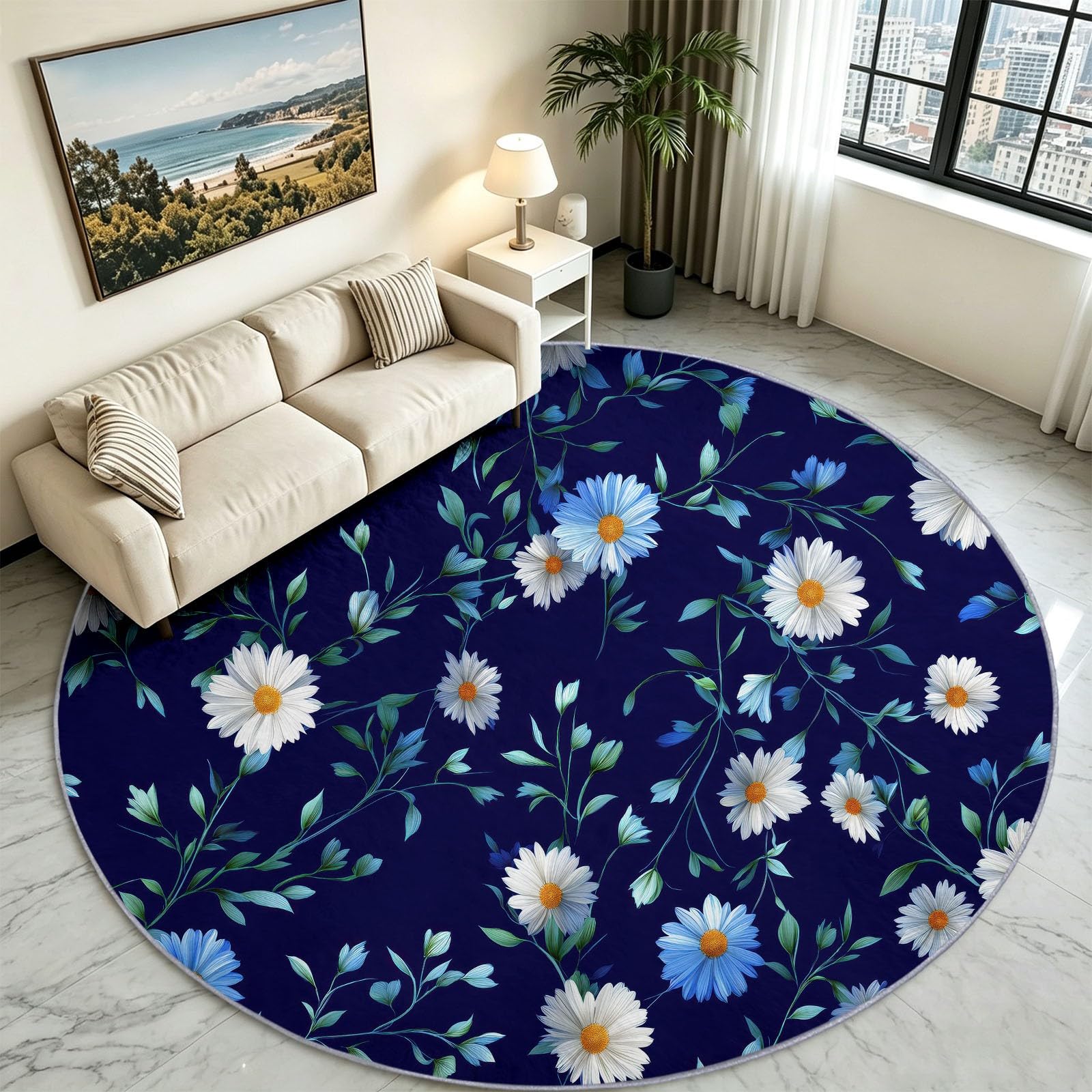 Generisch Alfombra redonda lavable salón 180 cm azul estilo rústico