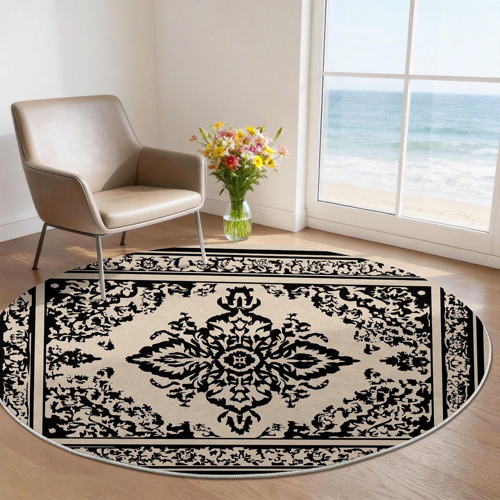 Lavable Tapis 180 cm Rond Intérieur Classique Fleurs Liane pour Salon, Chambre ou Couloir - Doux et Antidérapant - Vintage Ethnique Facile à Nettoyer Poil Ras Tapis pour Salle de séjour, Beige