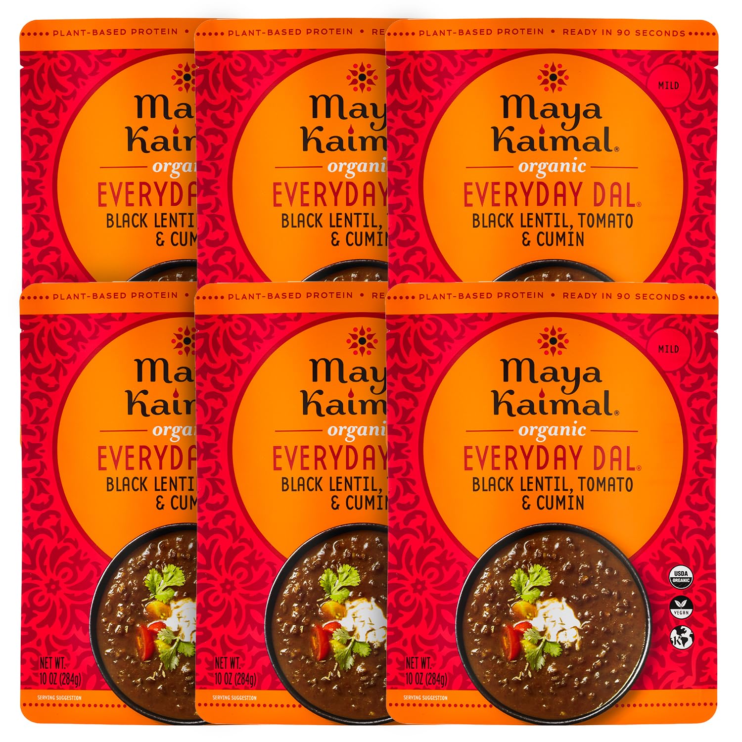 Maya Kaimal Foods - Organic Indian Everyday Dal - Black Lentil 10oz - Fully Cooked with Tomato and Cumin - Vegan - Microwavable - Ready to Eat Meals - Pack of 6