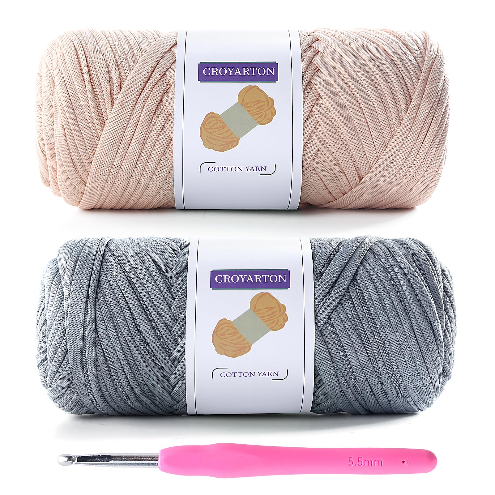 2 Pack Tshirt Yarn for Crocheting, Elastic T Shirt Spaghetti Thick Knitting Yarn Total Length 130 Yds for Crochet Bag Baskets Home Decor with 1 Crochet Hook (Beige+Light Gray)