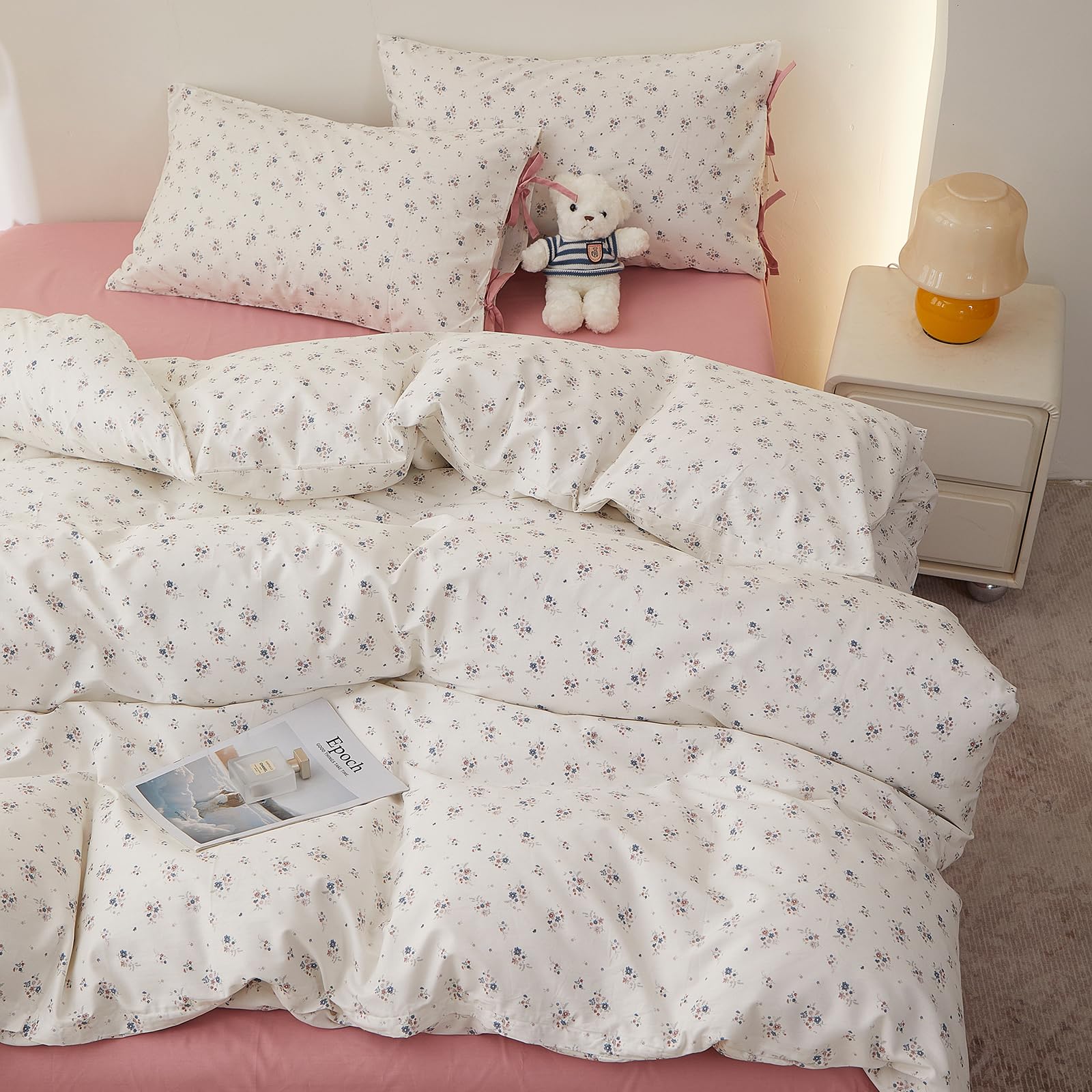 Vintage Floral Comforter Twin XL Comforter Set, Aesthetic Botanical Flowers Pattern Lightweight Comforter Set for All Seasons, Farmhouse Cottagecore Bedding Comforter with 2 Bowknot Pillowcases