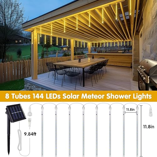 Miniatura 2 de JMEXSUSS Meteor Luces de lluvia para regadera con energía solar, luces de regadera de meteorito, 11.8in, 8 tubos, 144 LED, luz de meteorito, luz de