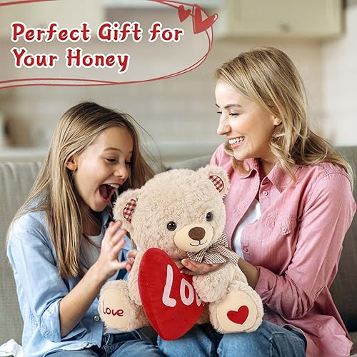 Miniatura 6 de MaoGoLan Oso de peluche beige, oso de peluche de 14 pulgadas con corazón rojo de amor para abrazar, regalo para novia, niños, mamá, día de San