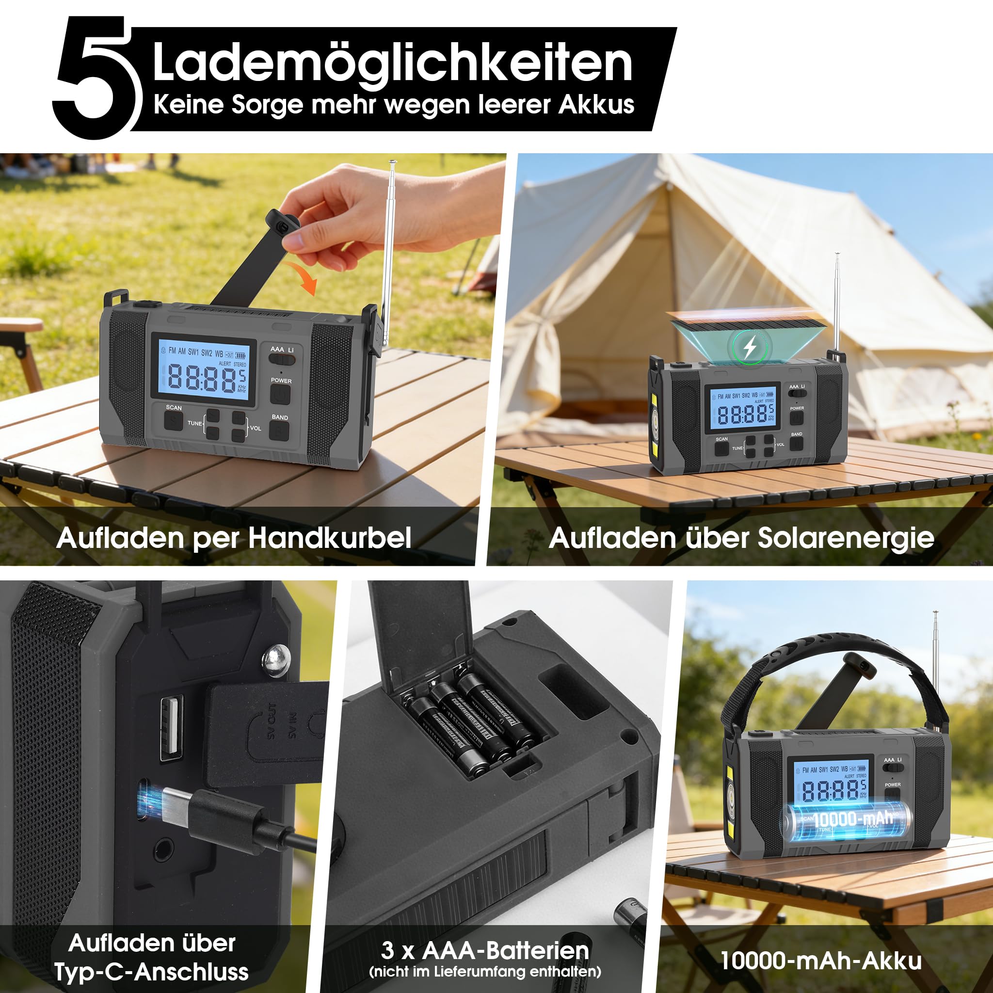 Notfall-Solar Radio, 10000mAh Notfall Kurbelradio, AM/FM Radio, Taschenlampe+ Leselicht, SOS-Alarm, Powerbank, 3-Ladearten (Solar/USB/Handkurbel), für Camping/Wandern/Stromausfall,Grau