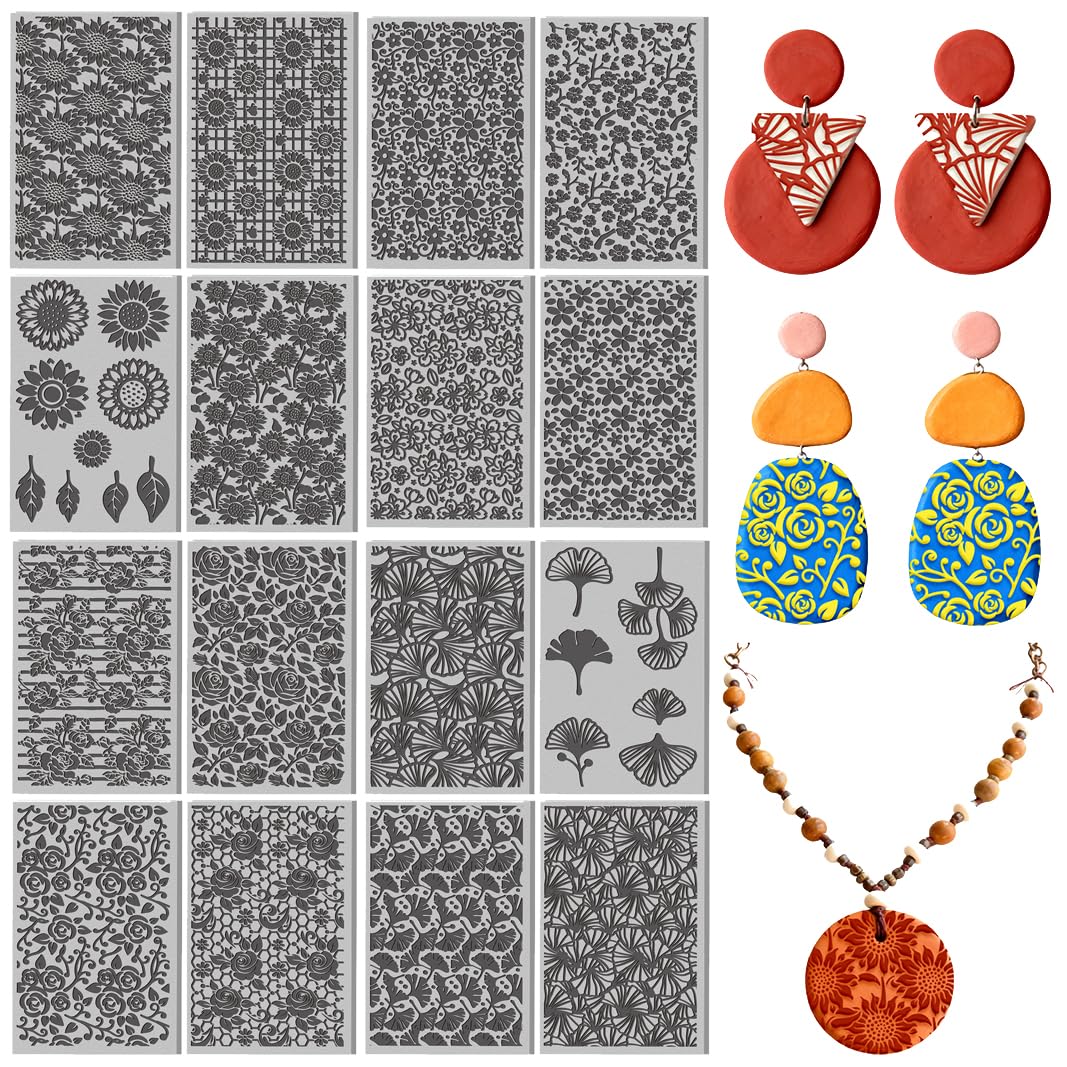 16 Pcs Floral Leaves Pattern Polymer Texture Clay Sheet Vintage Patterns Rubber Texture Mat for Polymer Clay Making Earrings Jewelry DIY Crafts 4 × 2.5 Inch